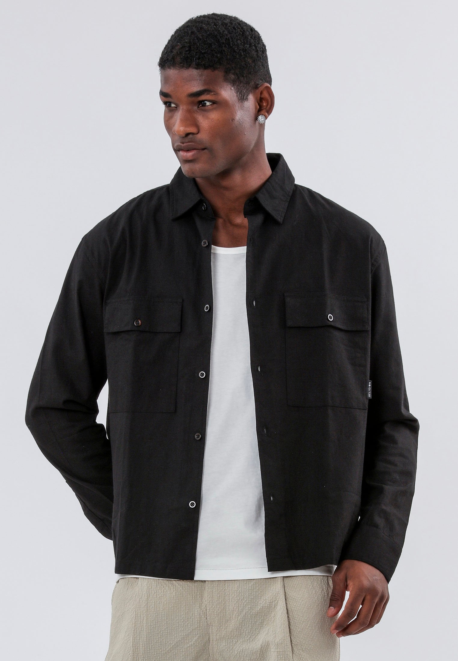 TWO POCKET RELAXED LS SHIRT BLACK