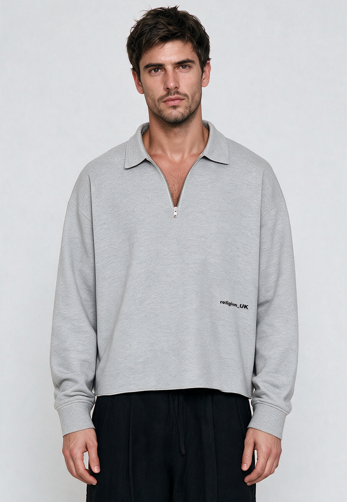 RELIGION UK CROPPED ZIP SWEATSHIRT GREY MARL