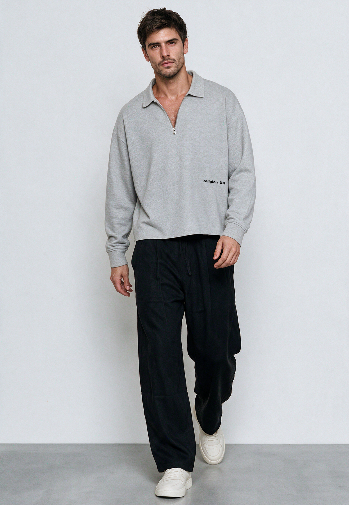 RELIGION UK CROPPED ZIP SWEATSHIRT GREY MARL