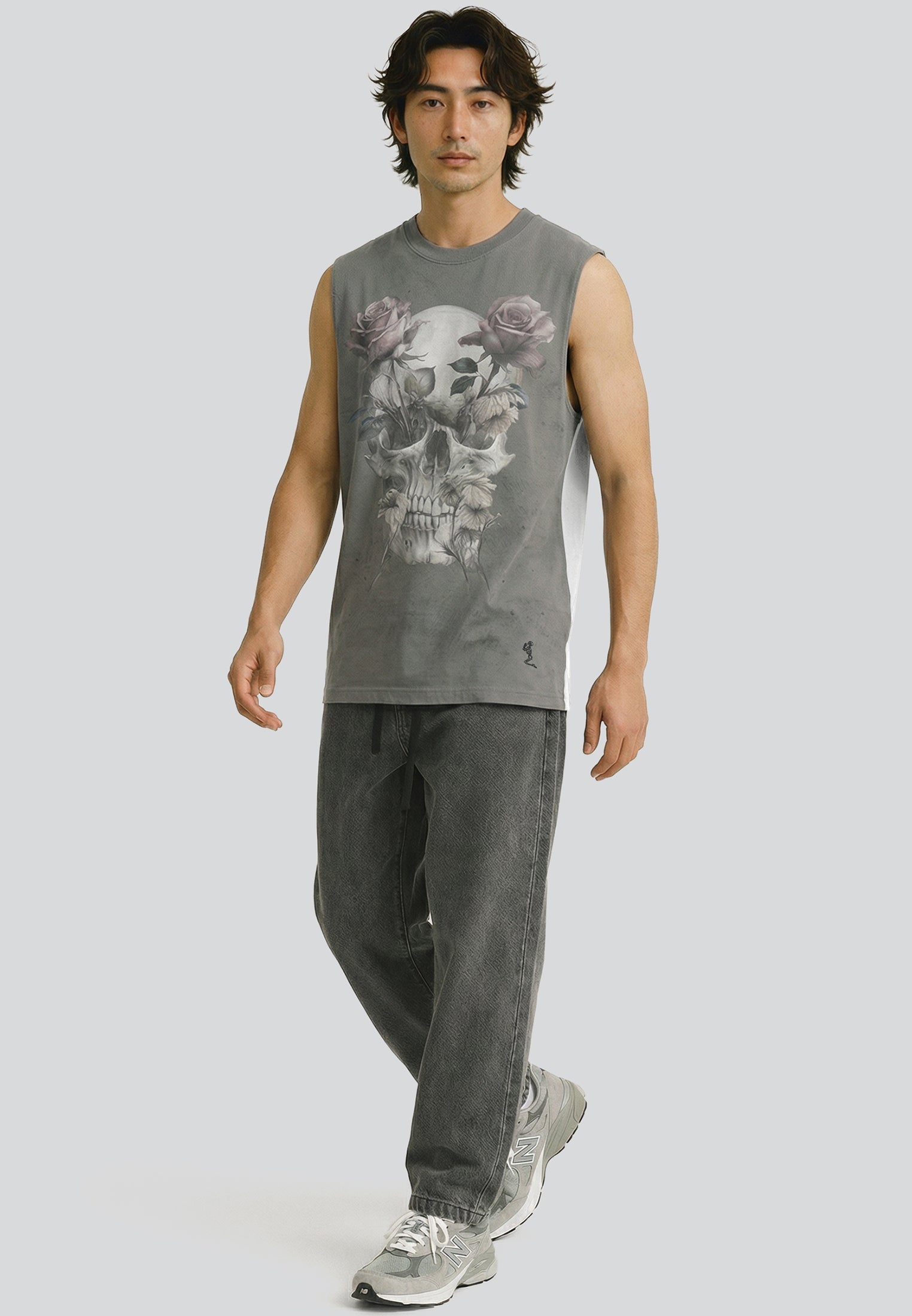 SKULL CROSS ROSE SLEEVELESS T-SHIRT WASHED BLACK