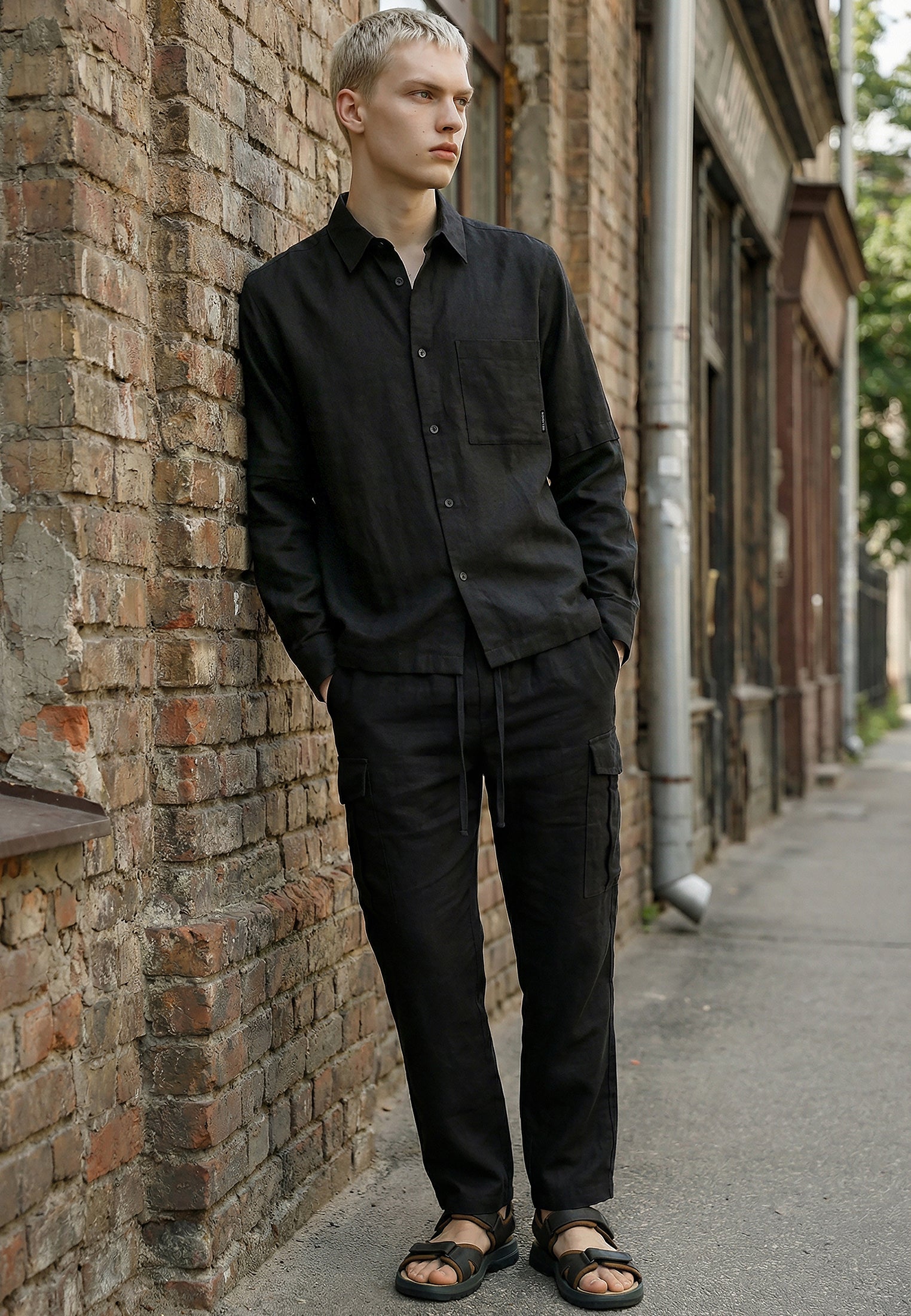 DOUBLE SLEEVE LINEN SHIRT BLACK