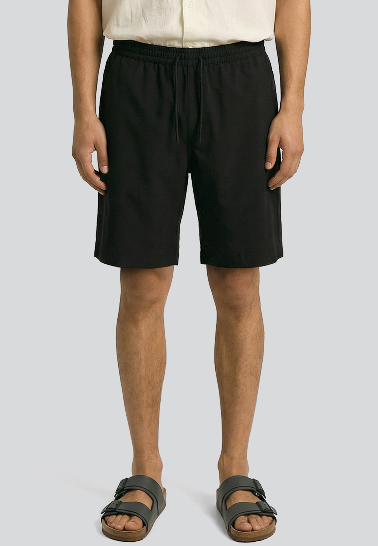 LINEN ELASICATED 3/4 CHINO SHORTS BLACK