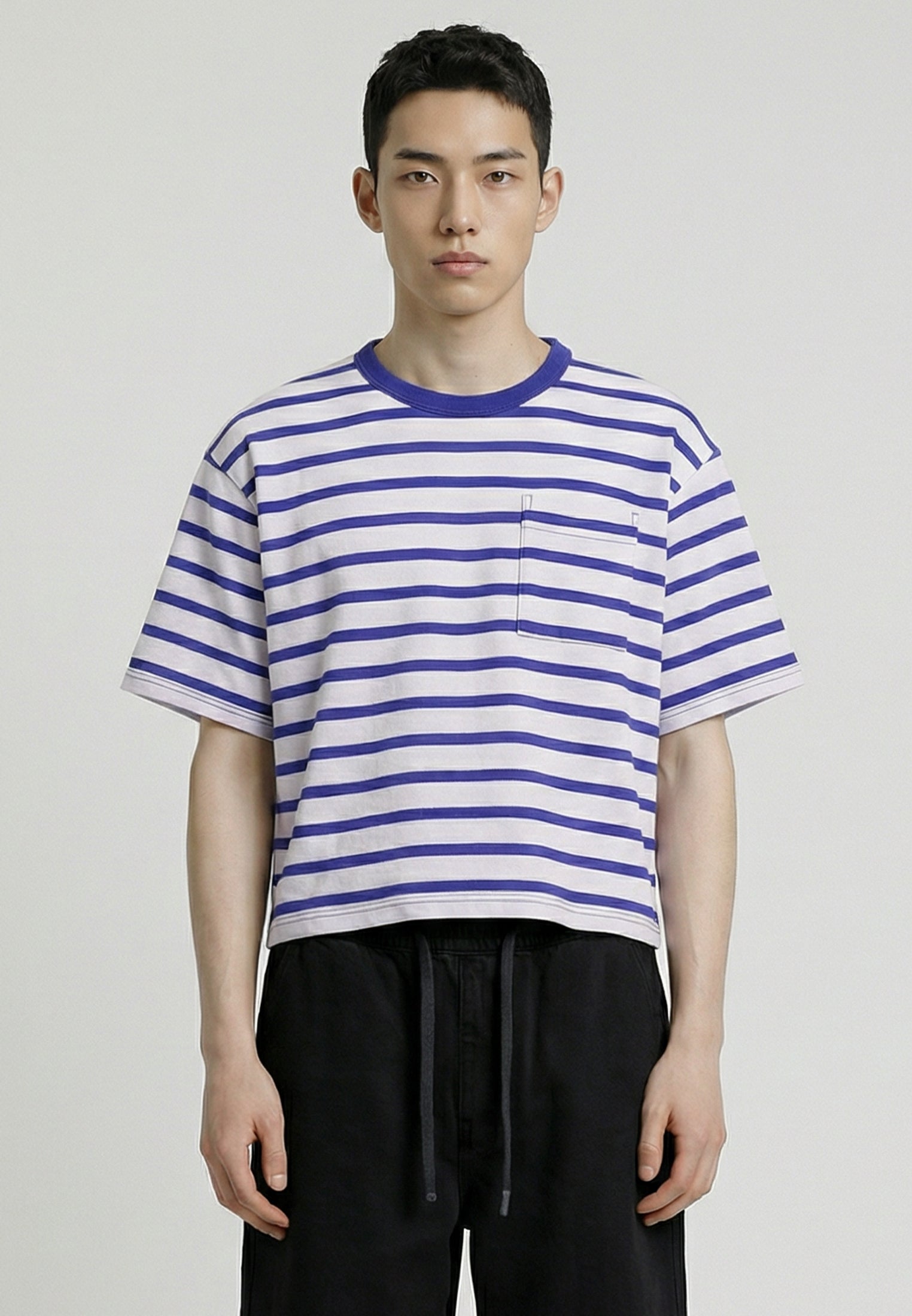 STRIPE CROP BOX T-SHIRT WHITE & BLUE