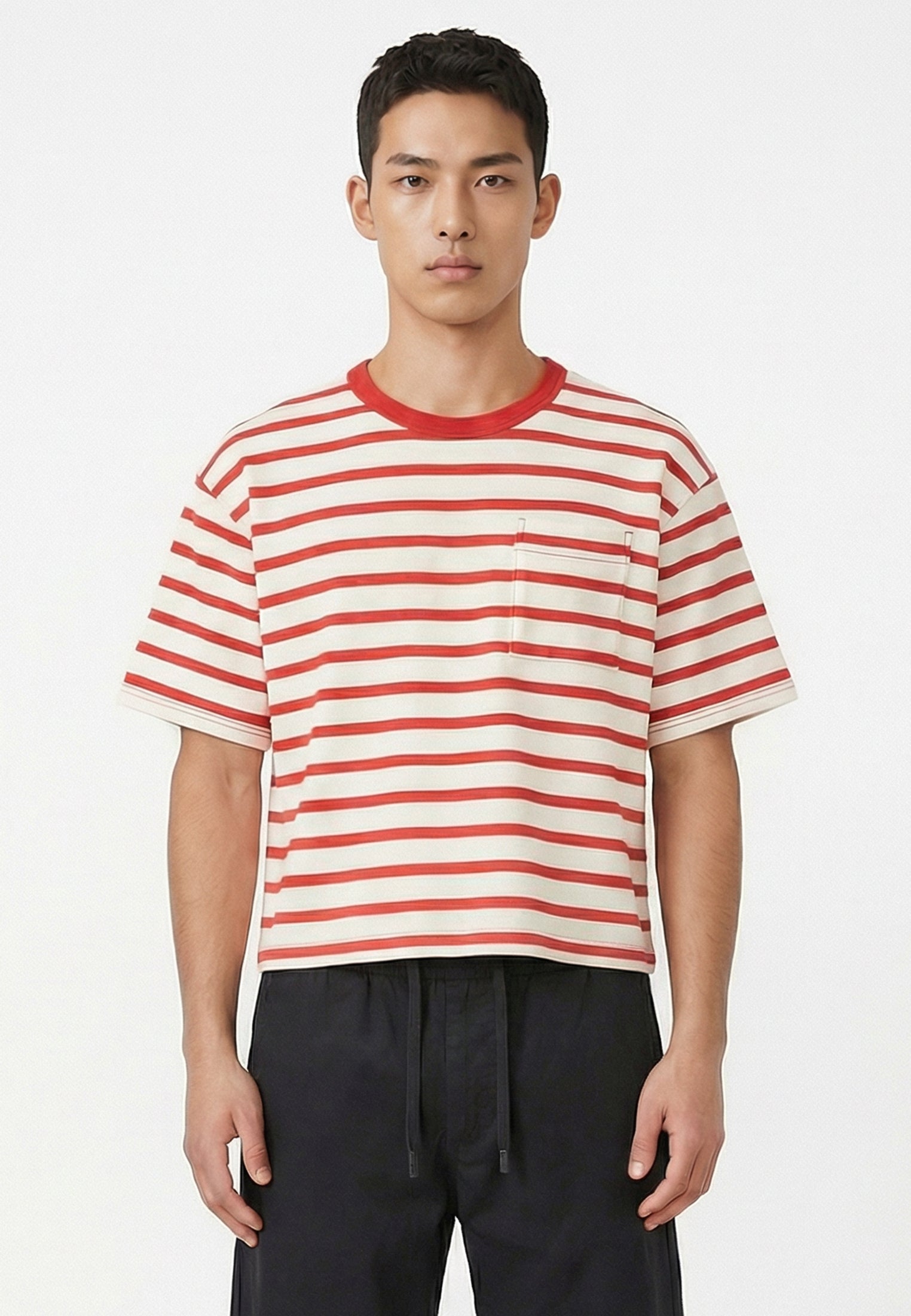 STRIPE CROP BOX T-SHIRT WHITE & RED