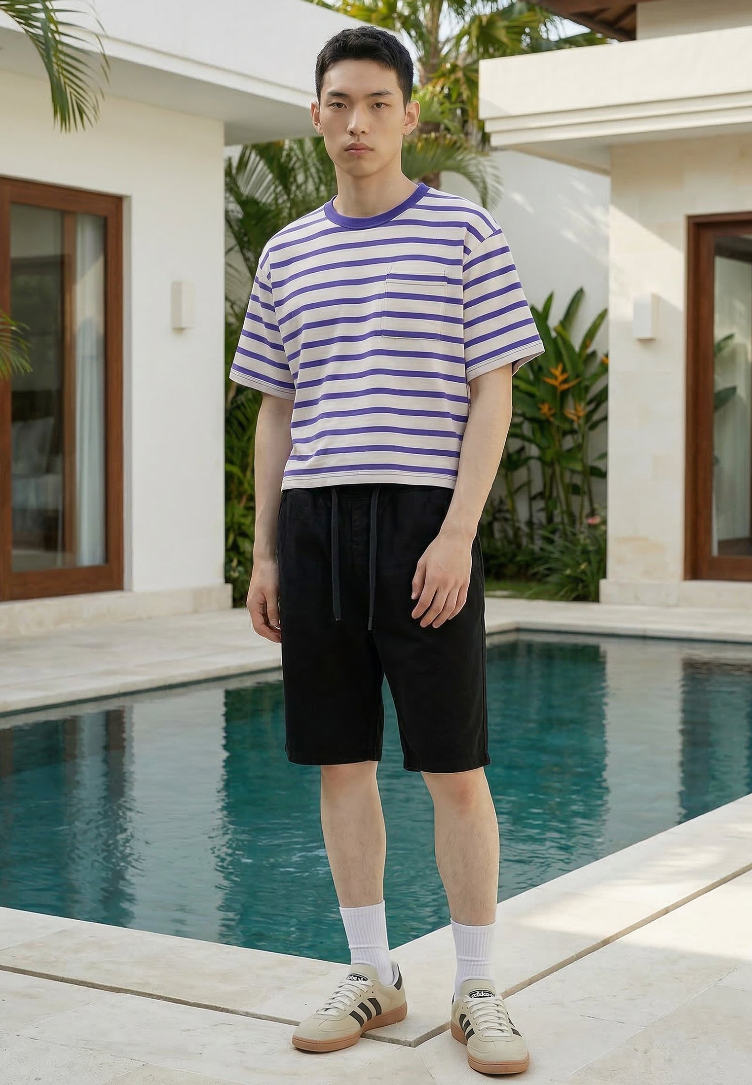 STRIPE CROP BOX T-SHIRT WHITE & BLUE