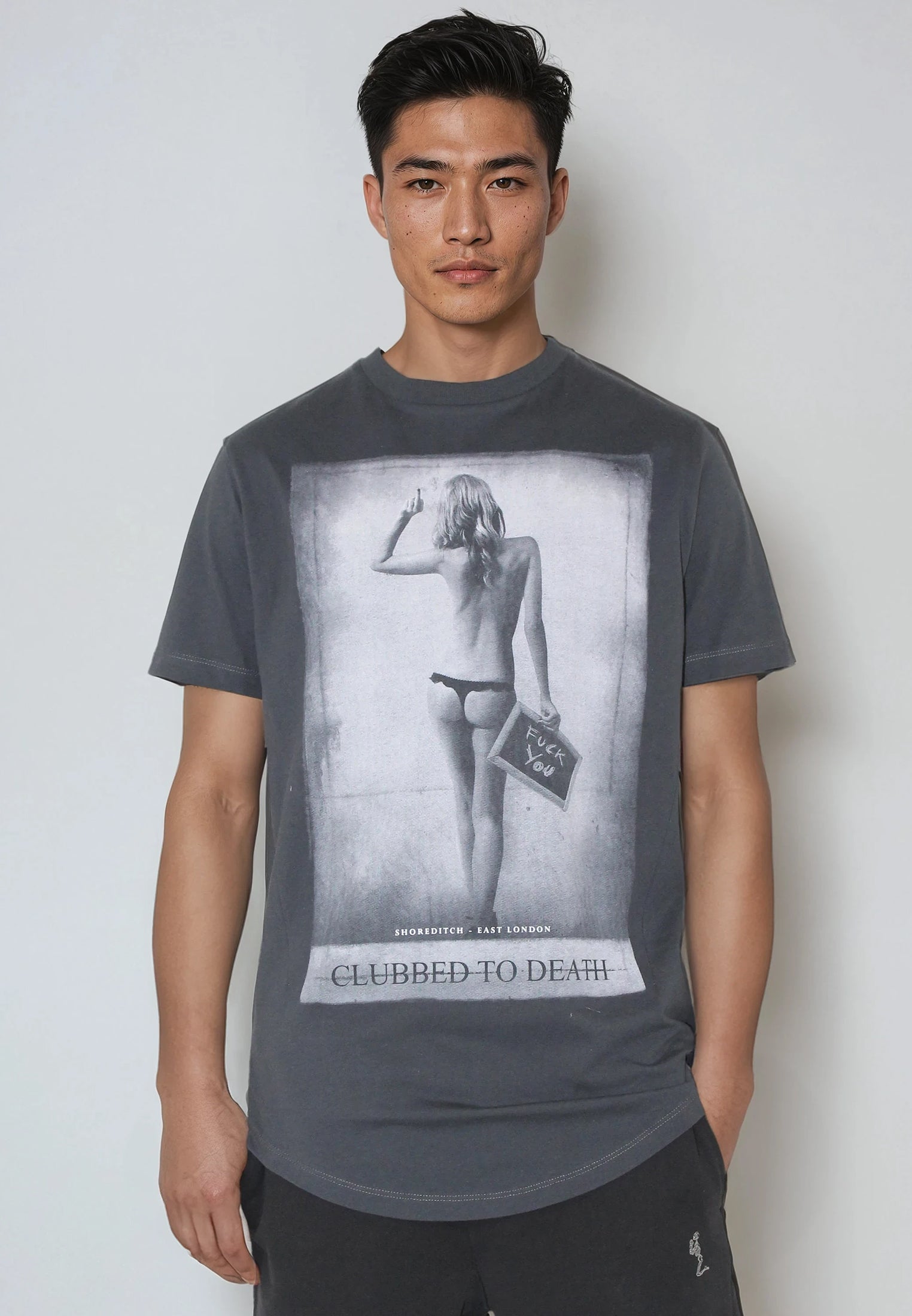 F-YOU T-SHIRT WASHED BLACK CURVED HEM