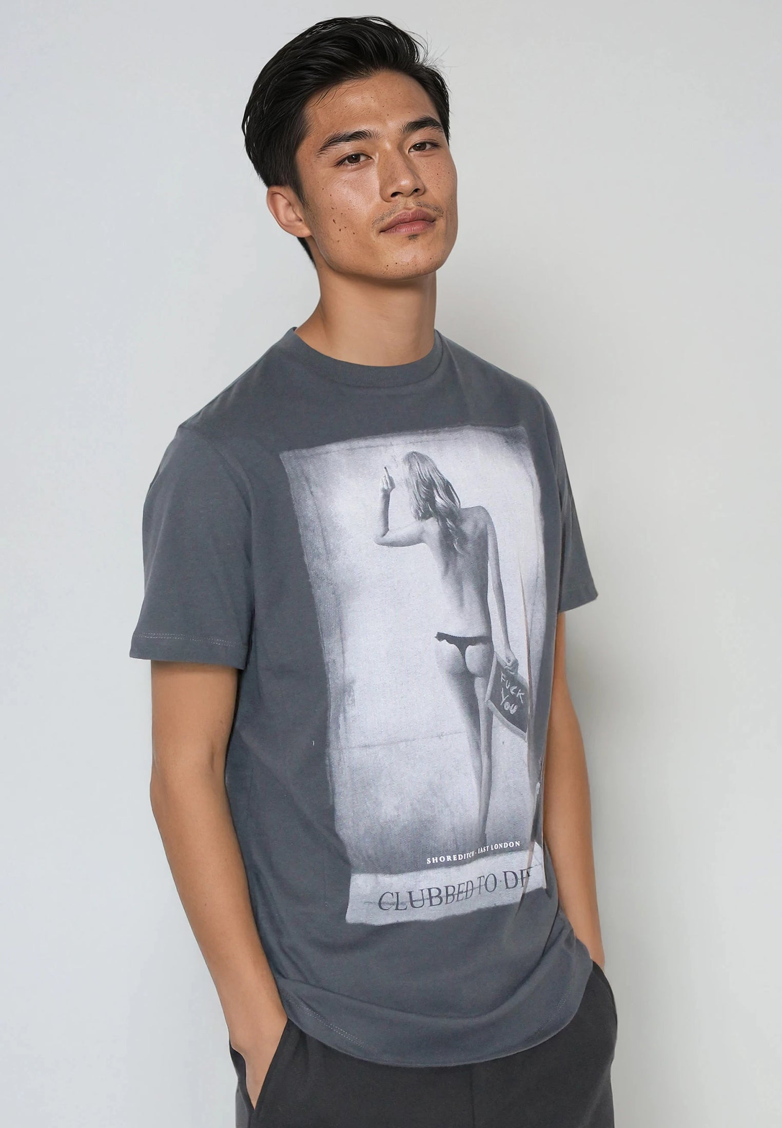 F-YOU T-SHIRT WASHED BLACK CURVED HEM