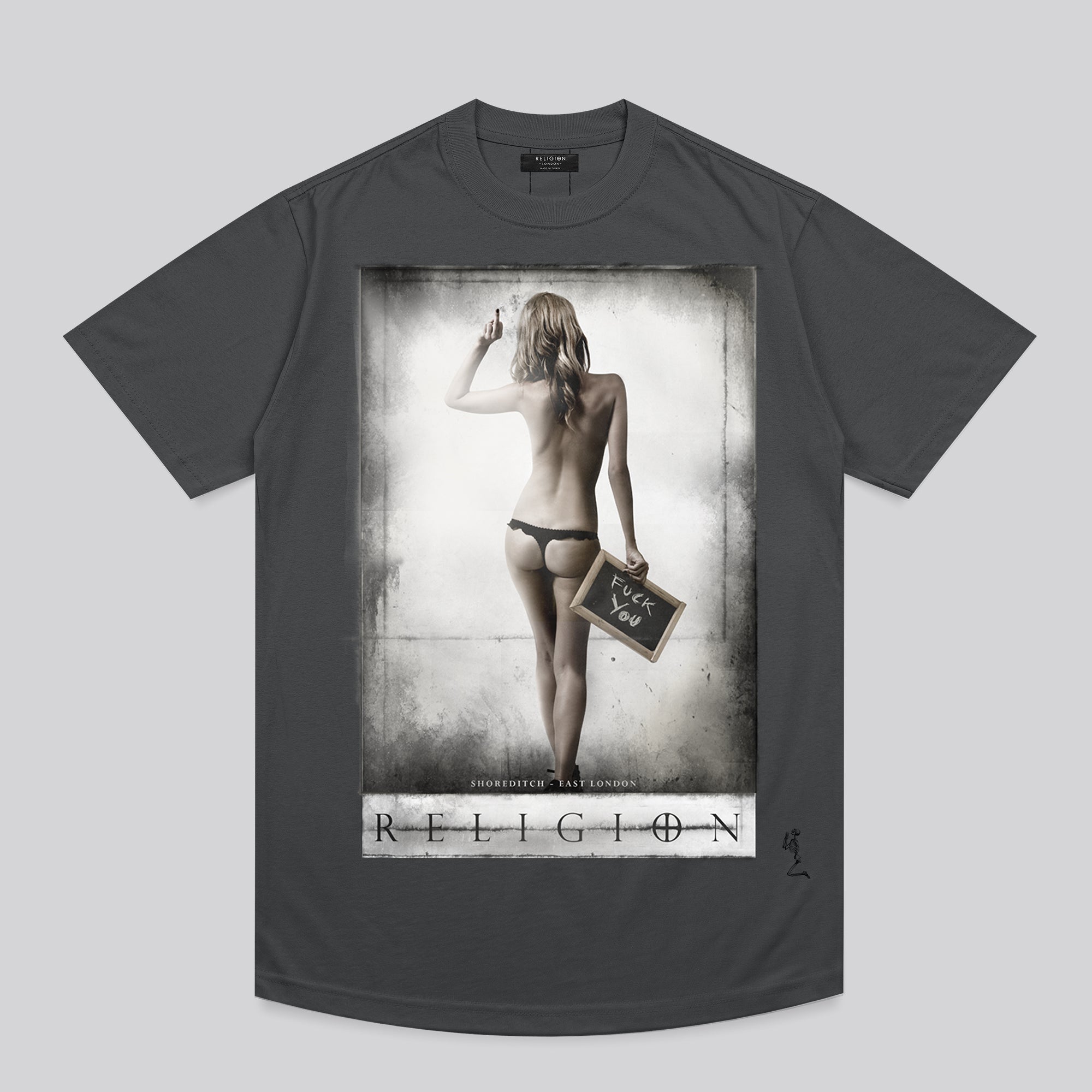 F-YOU T-SHIRT WASHED BLACK CURVED HEM