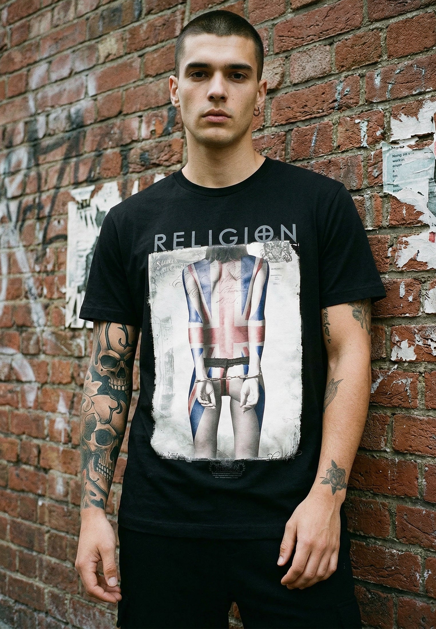 RELIGION Union Jack Tattoo Graphic Black T-Shirt