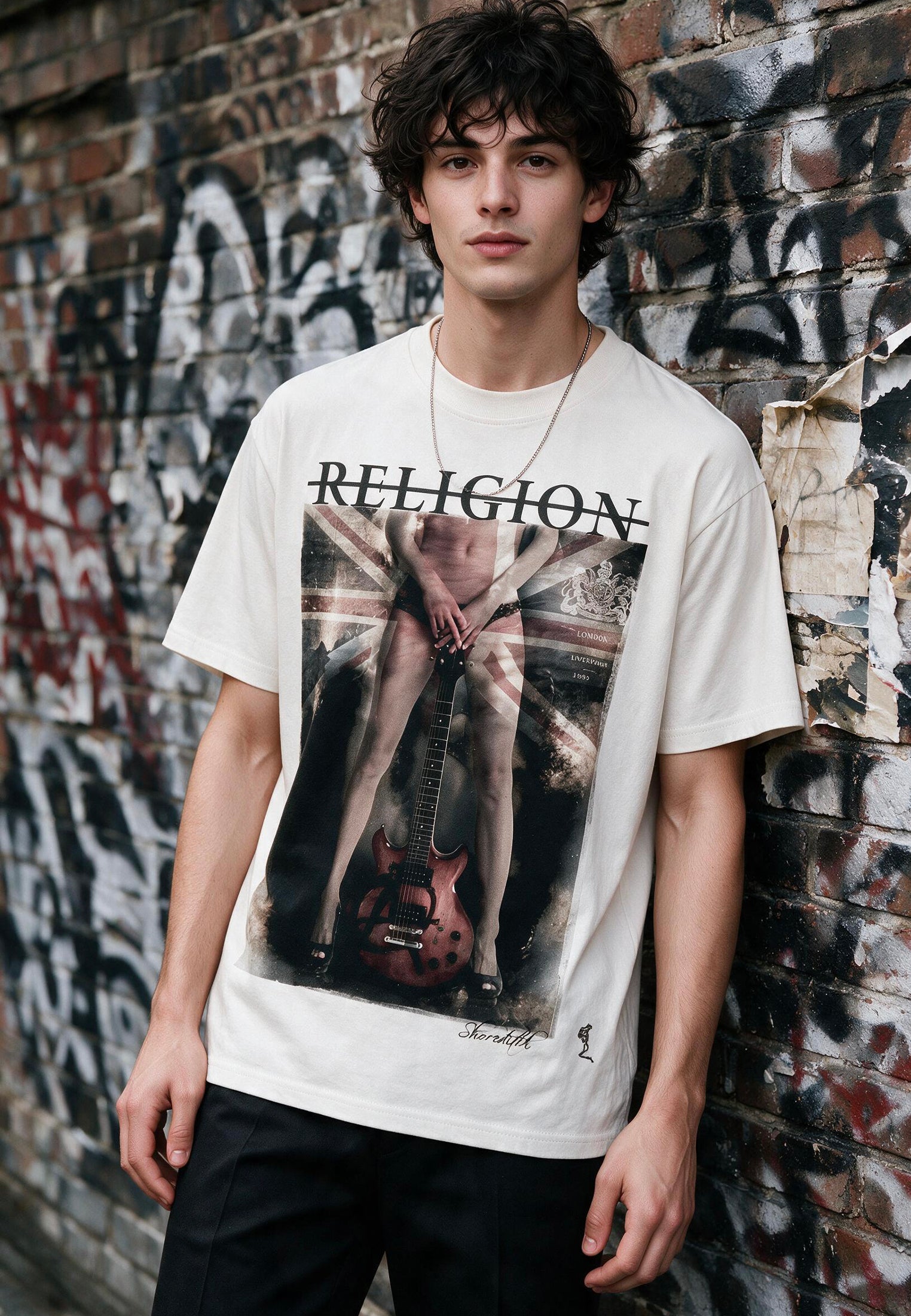GIRL FLAG GUITAR T-SHIRT BROKEN WHITE