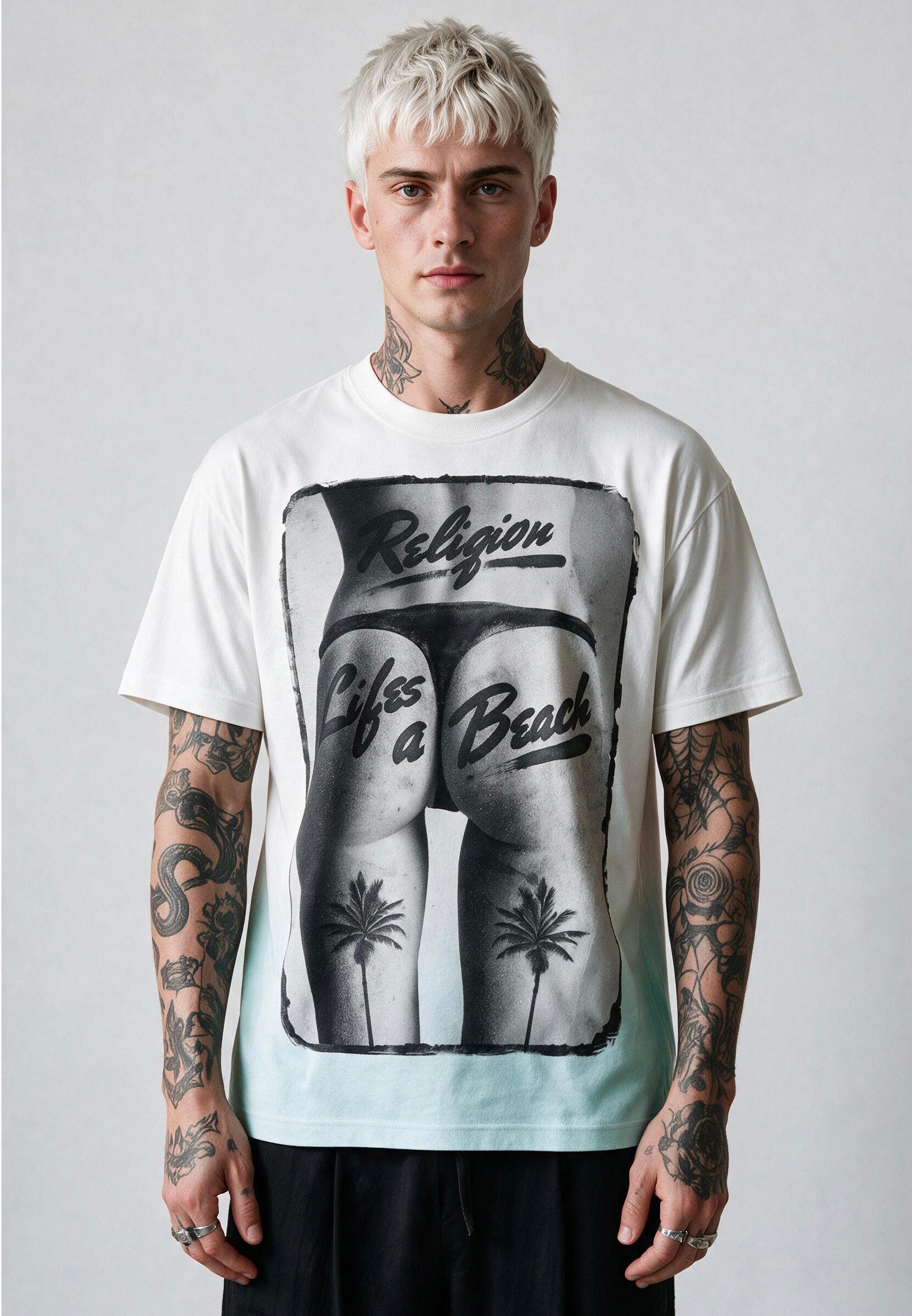 LIFES A BEACH WHITE & PALE BLUE T-SHIRT