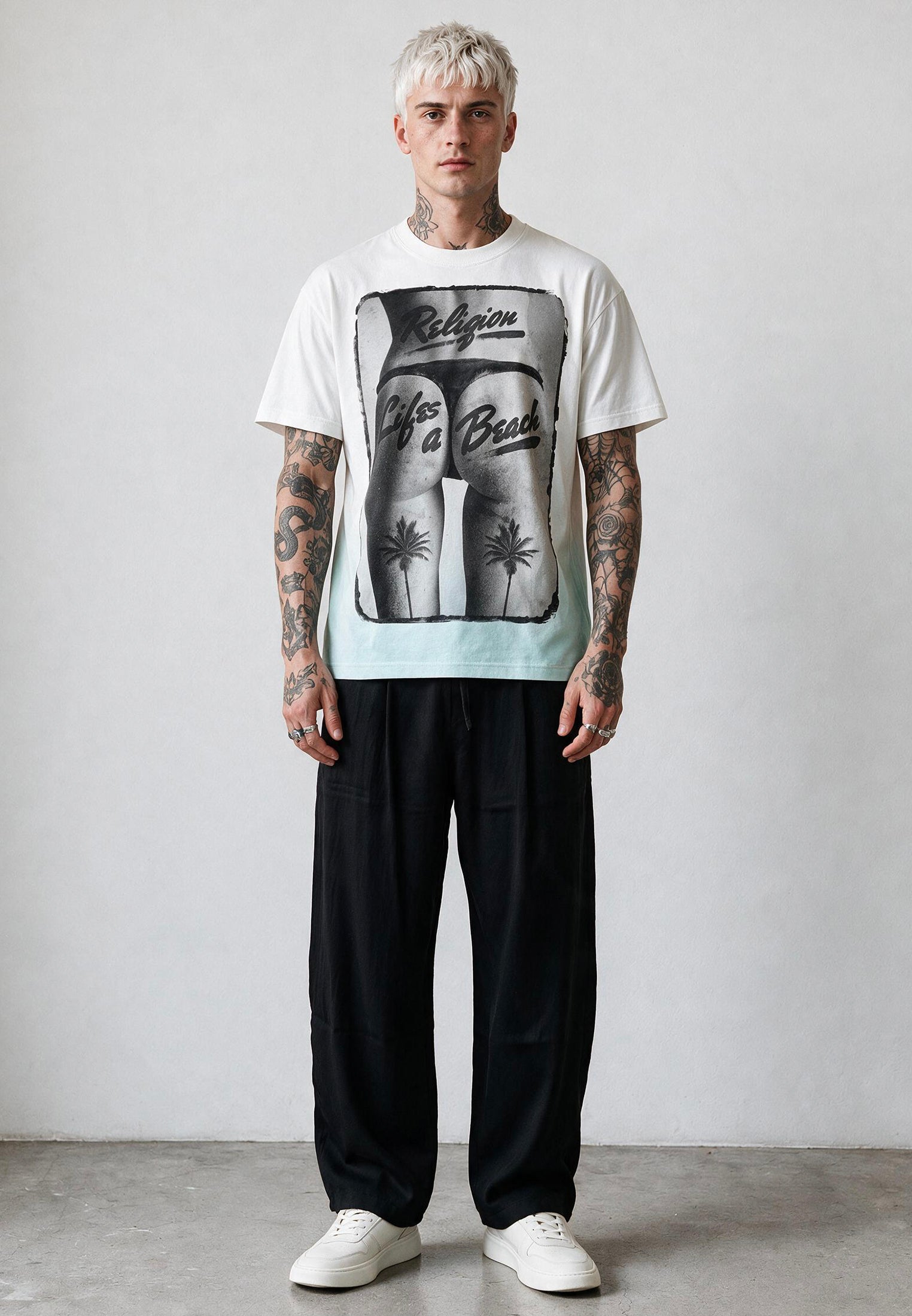LIFES A BEACH WHITE & PALE BLUE T-SHIRT