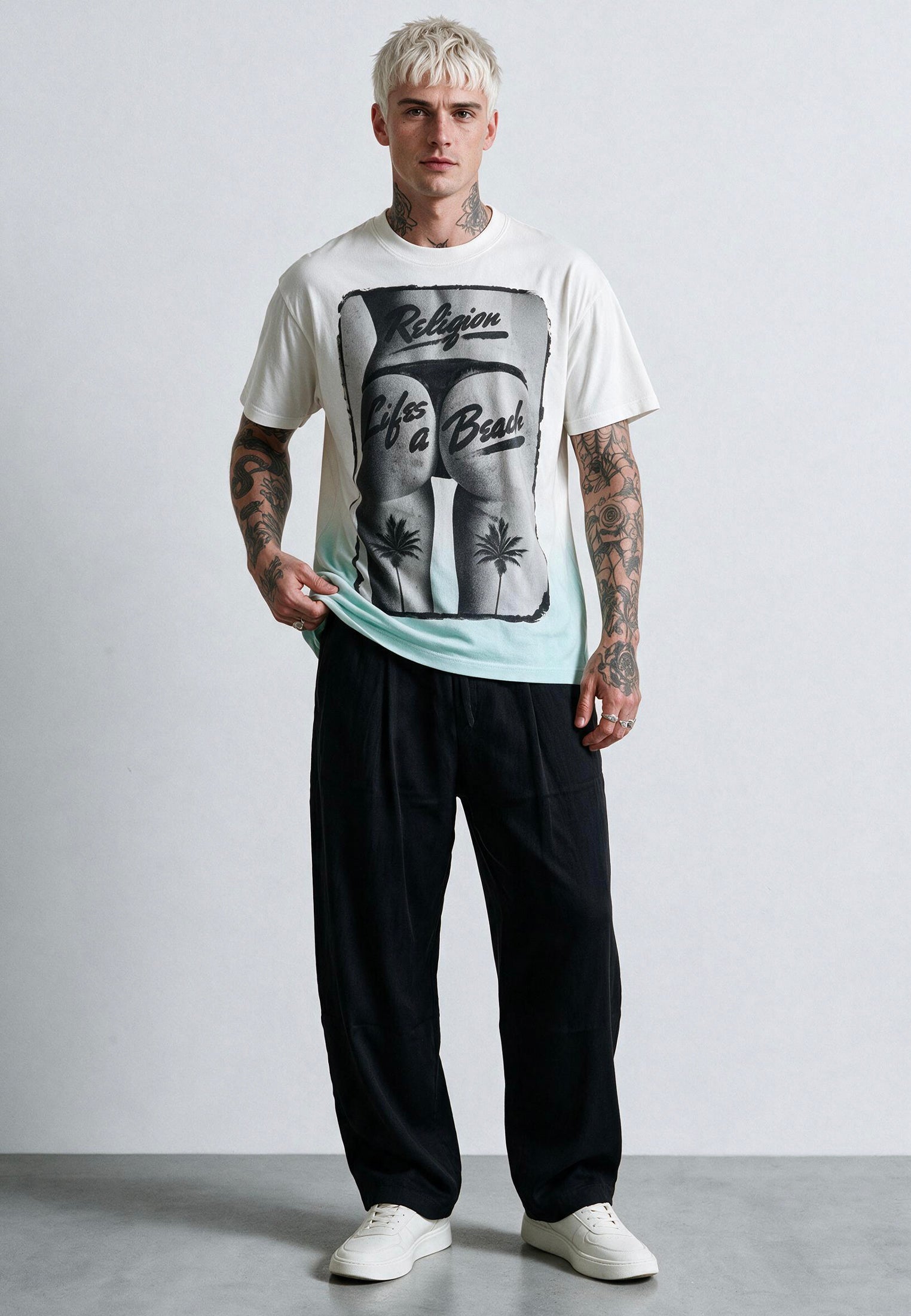 LIFES A BEACH WHITE & PALE BLUE T-SHIRT