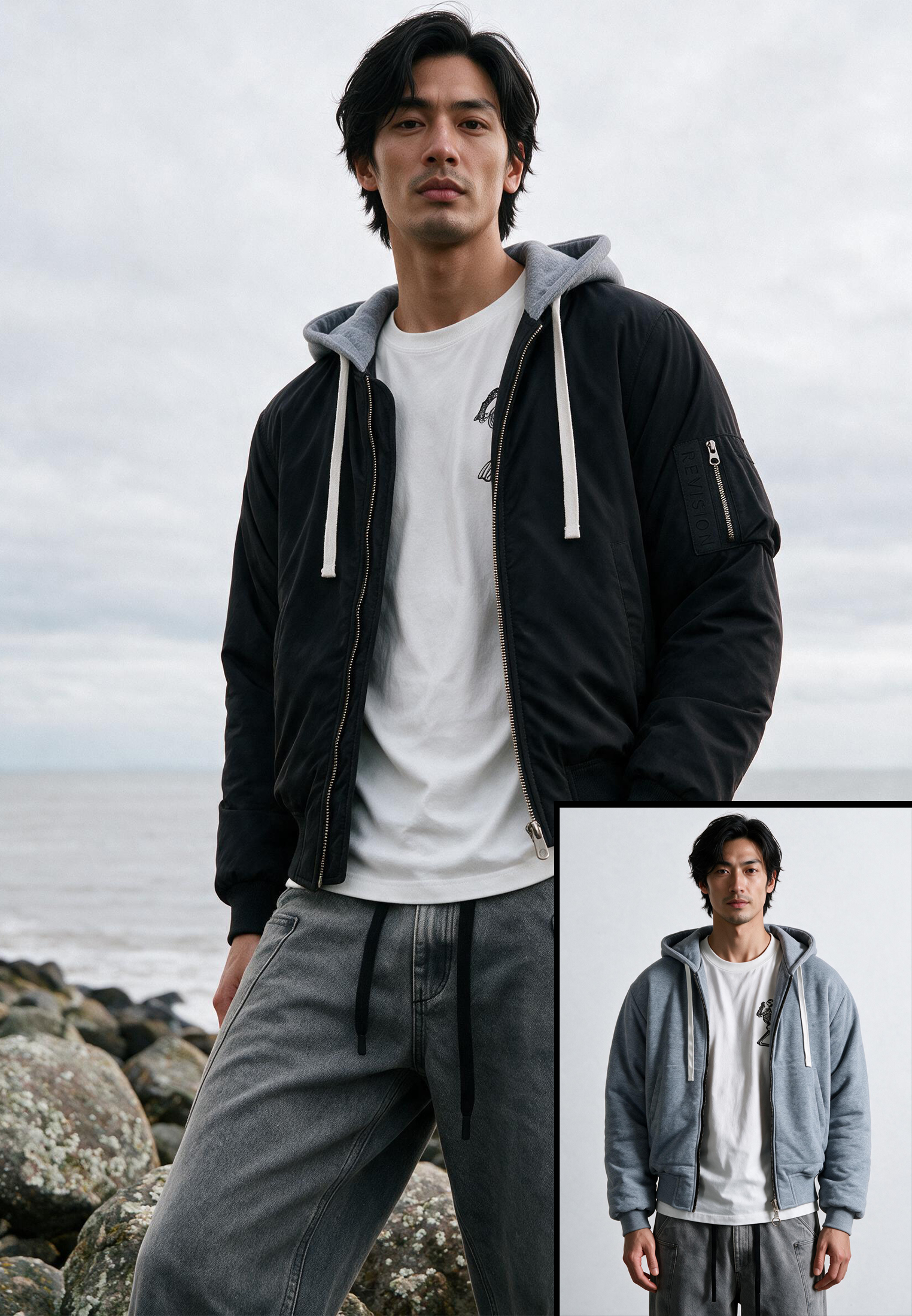 REVERSIBLE HOODED BOMBER BLACK