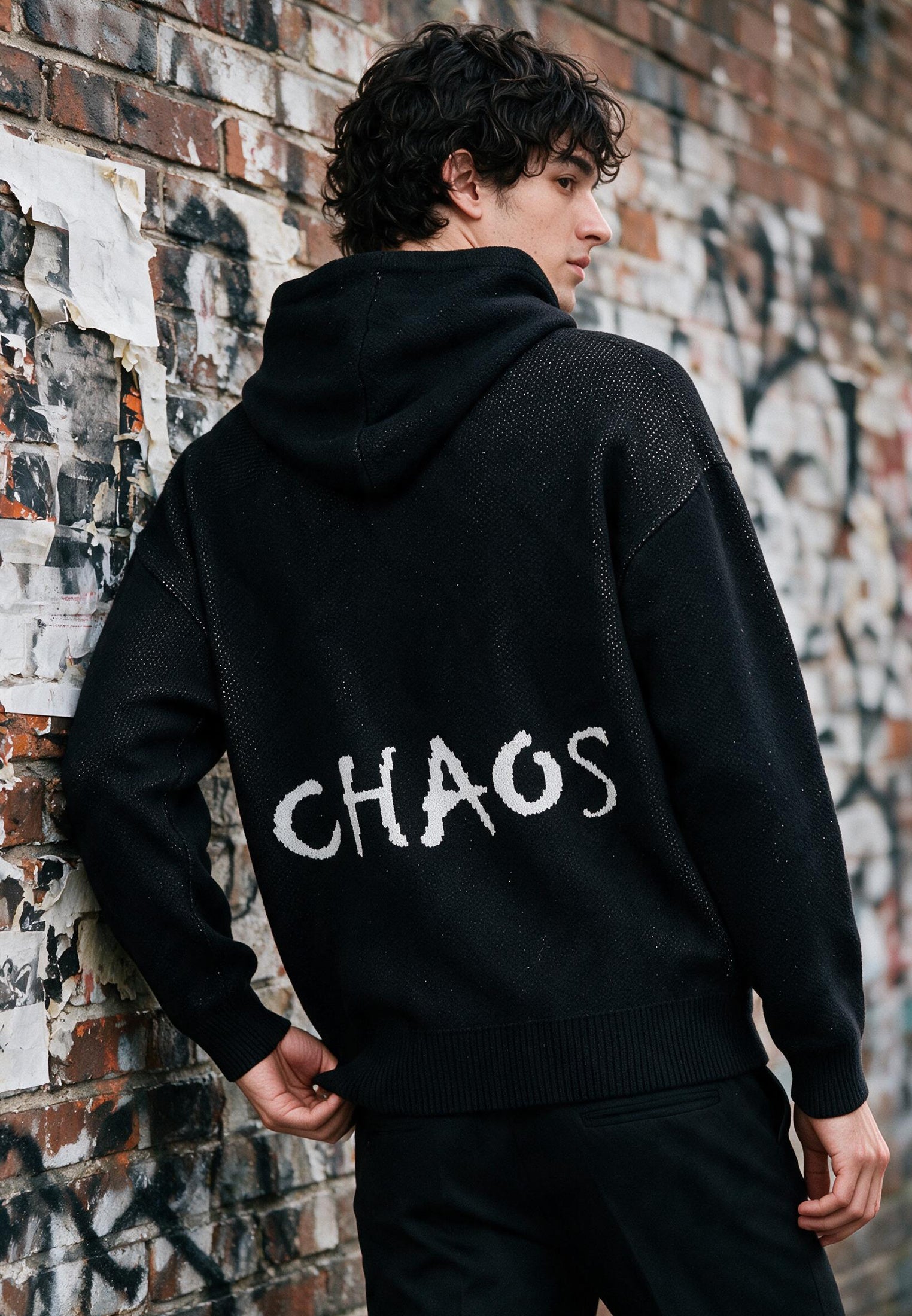 CHAOS KNIT HOODIE BLACK