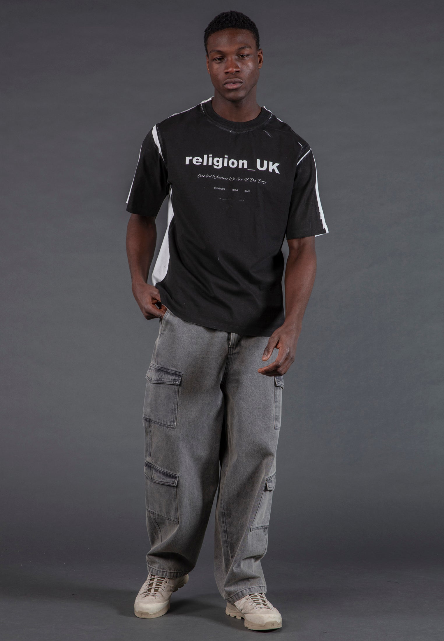 BLOCK PRINT T-SHIRT WASHED BLACK & OFF WHITE