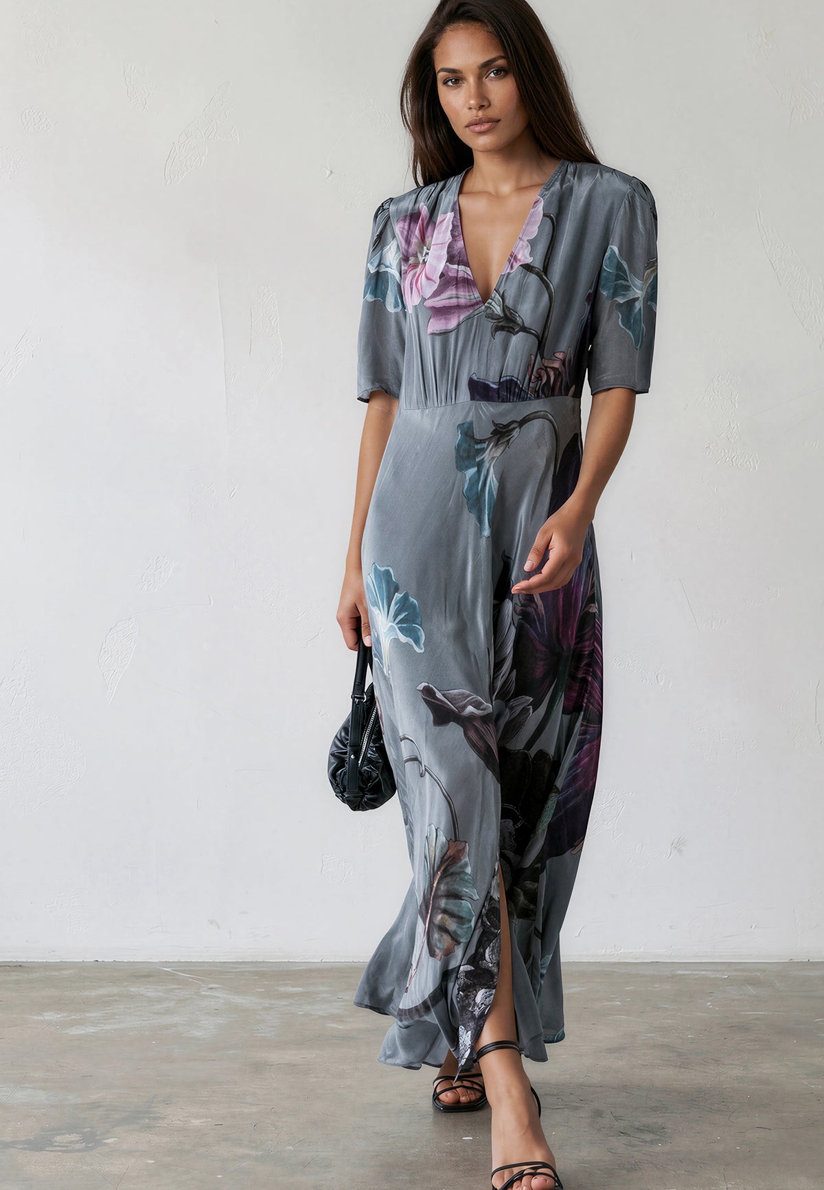 ENID MAXI TEA DRESS FLORAL TAUPE
