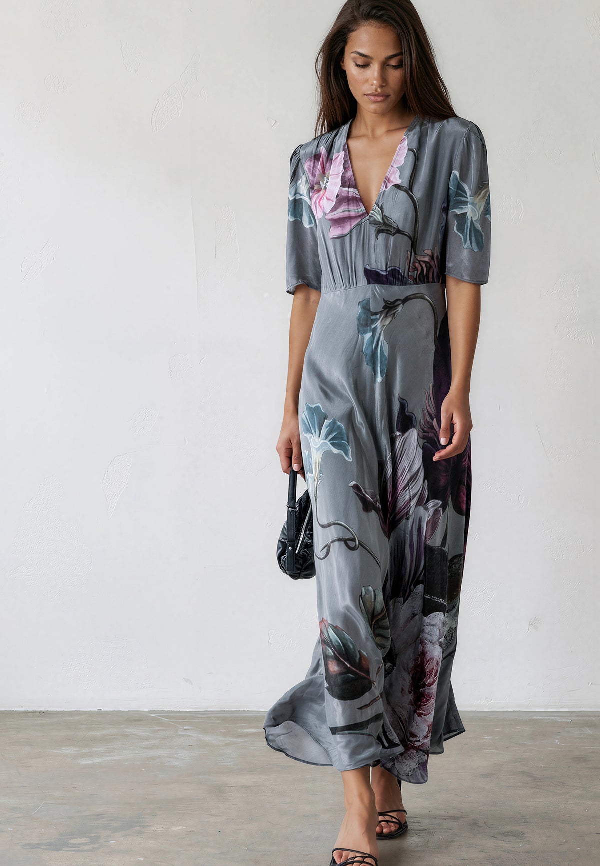 ENID MAXI TEA DRESS FLORAL TAUPE
