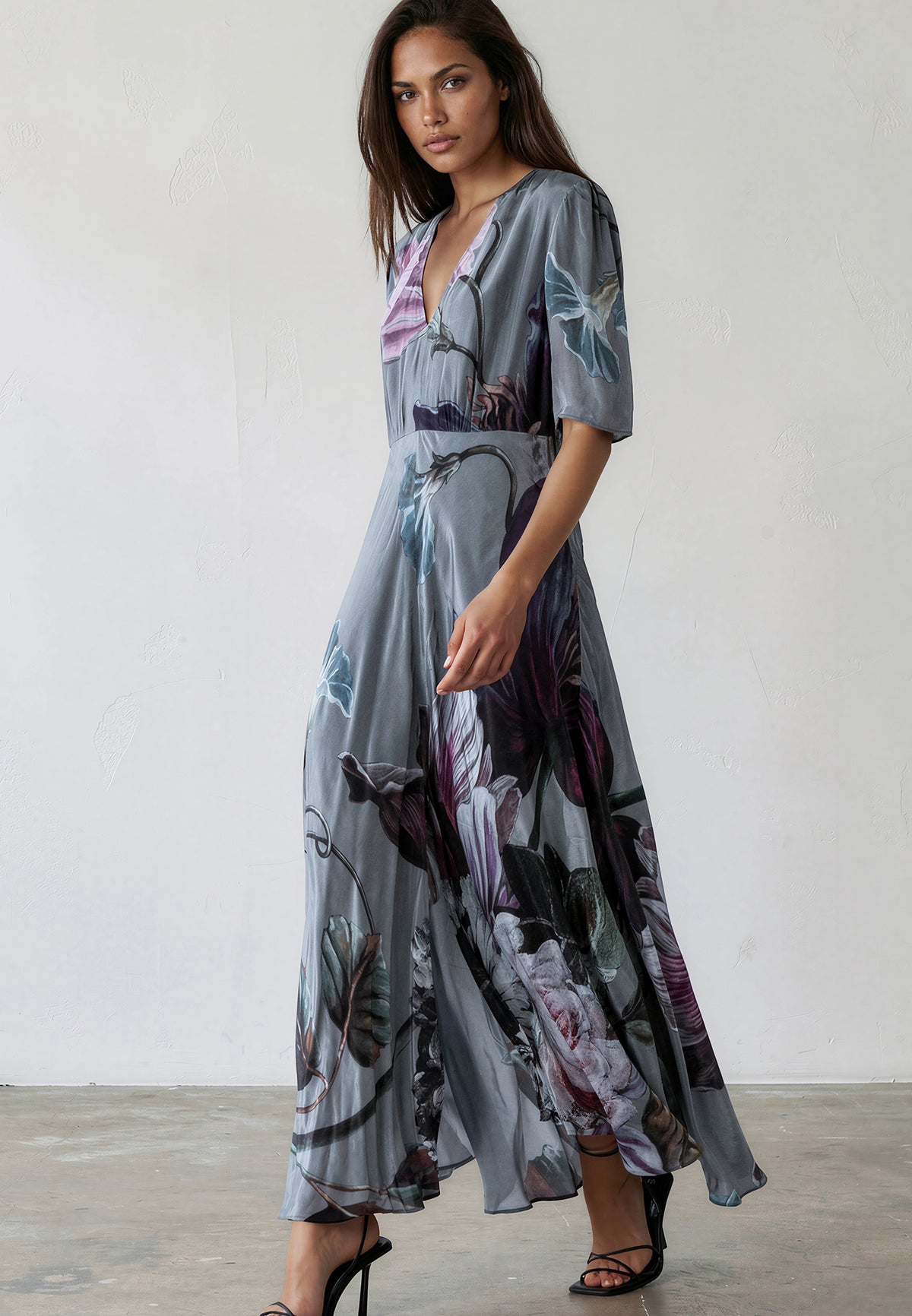 ENID MAXI TEA DRESS FLORAL TAUPE
