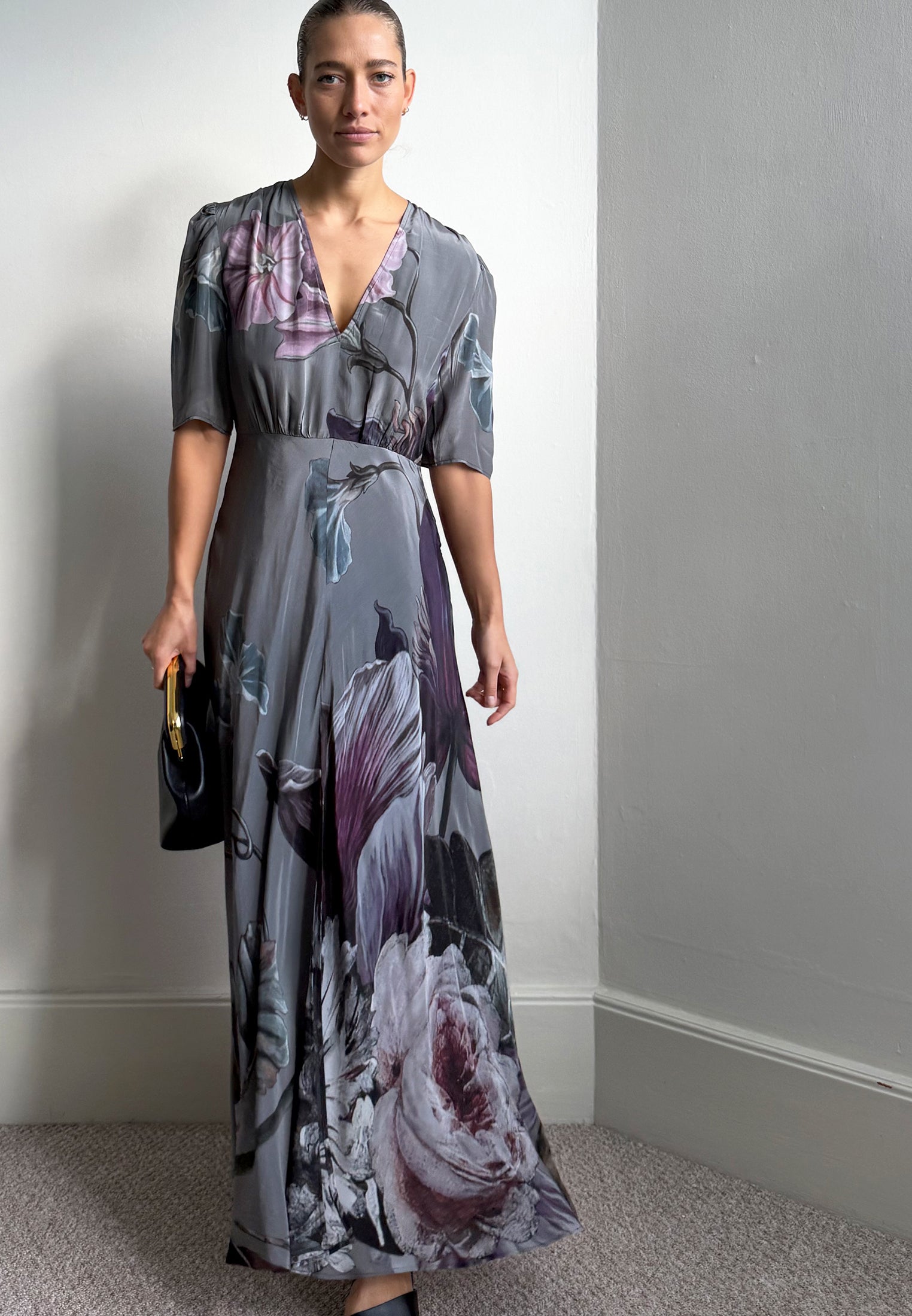 ENID MAXI TEA DRESS FLORAL TAUPE