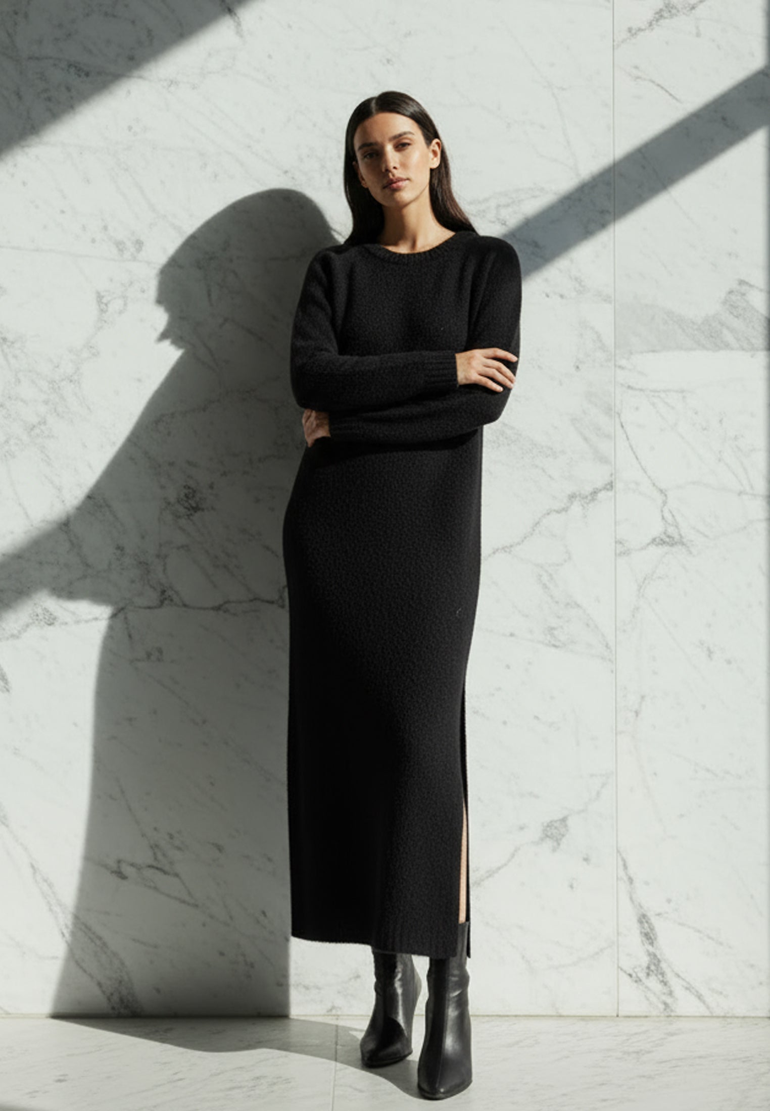 black jumper dress midi Black Side Slit Midi Dress
