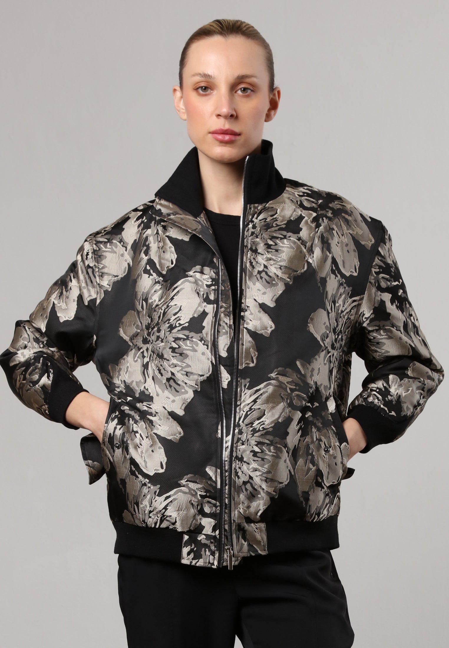 Spiritual Gangster Black & Grey Floral Print Bomber Jacket M cheapest