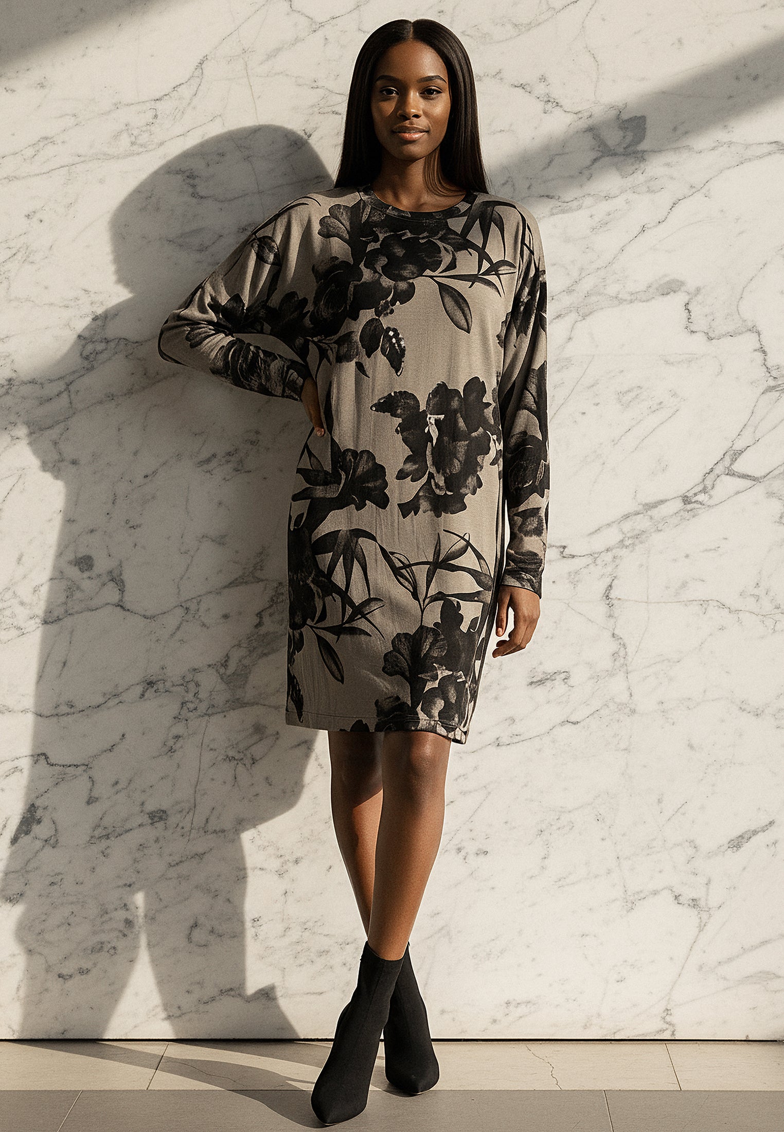 RELIGION Tribe Floral Printed Long Sleeve Beige Dress