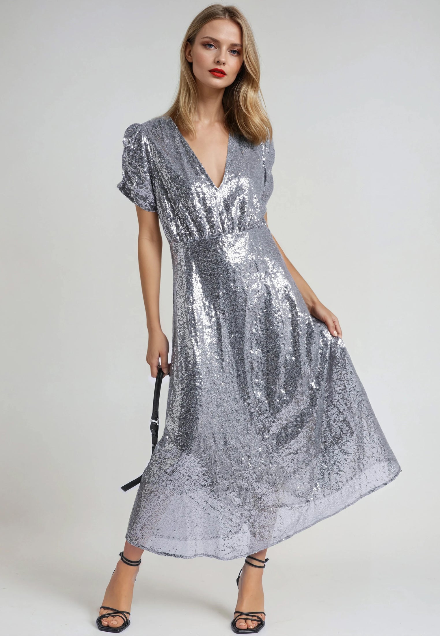 knee length dresses for ladies Azure Silver Sequin Strappy Midi Dress – Club L London