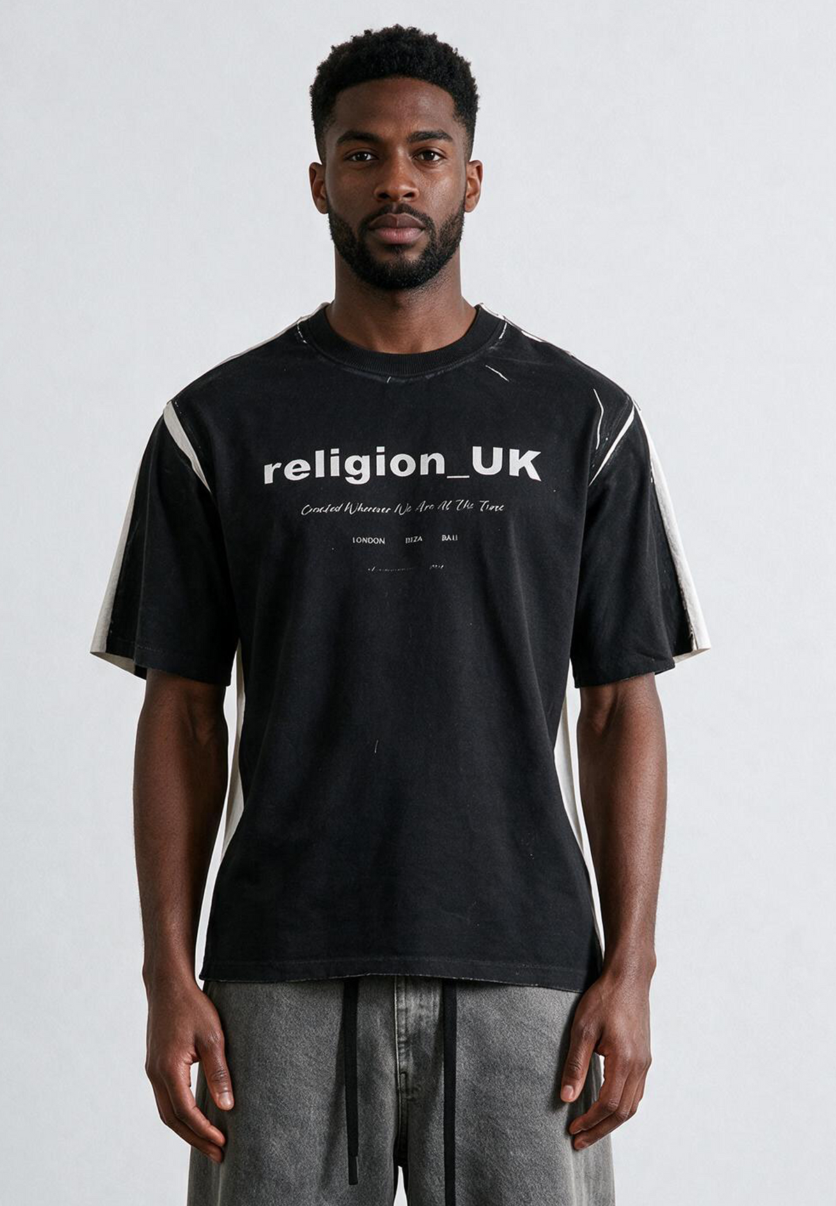 BLOCK PRINT T-SHIRT WASHED BLACK & OFF WHITE
