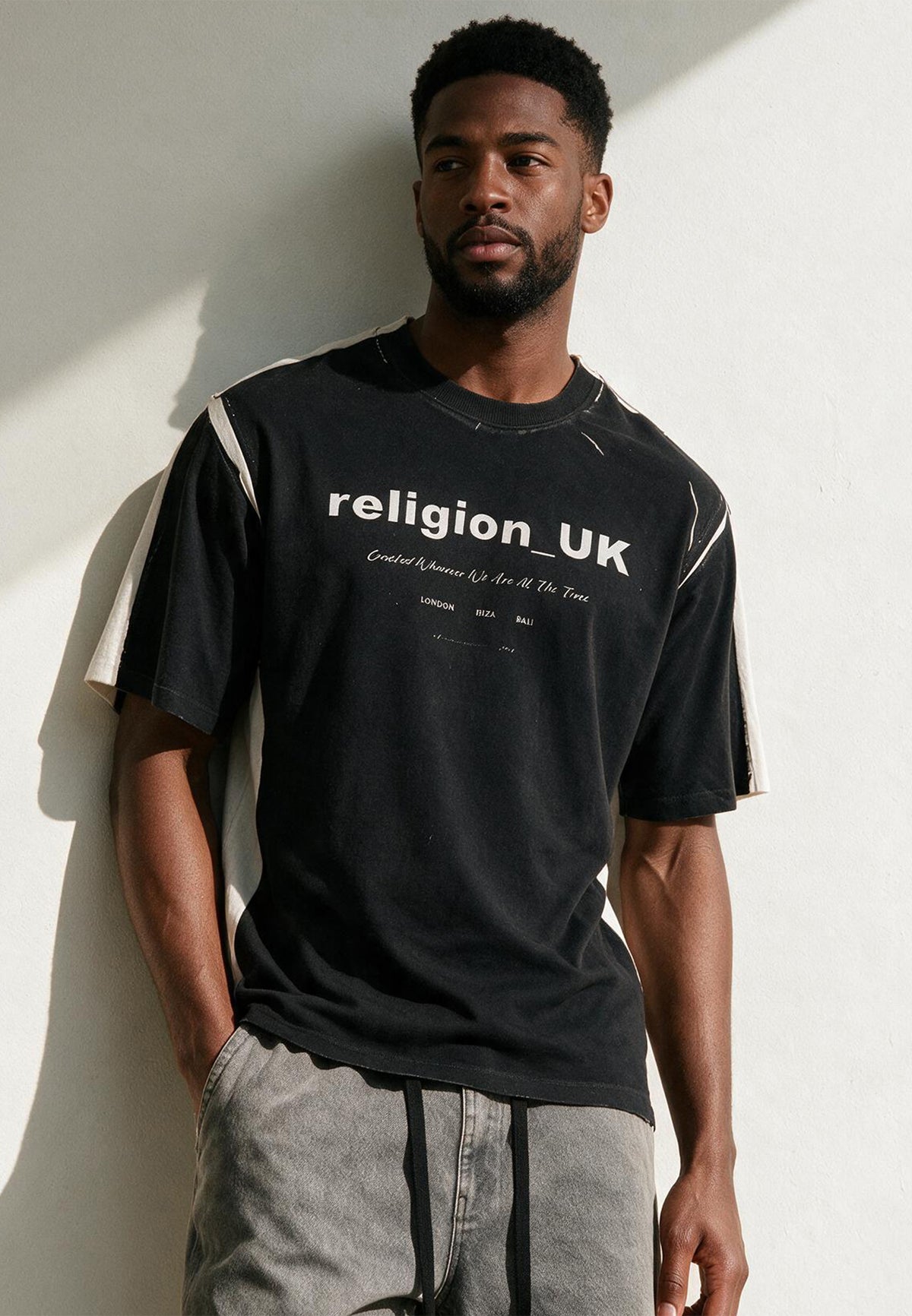 BLOCK PRINT T-SHIRT WASHED BLACK & OFF WHITE