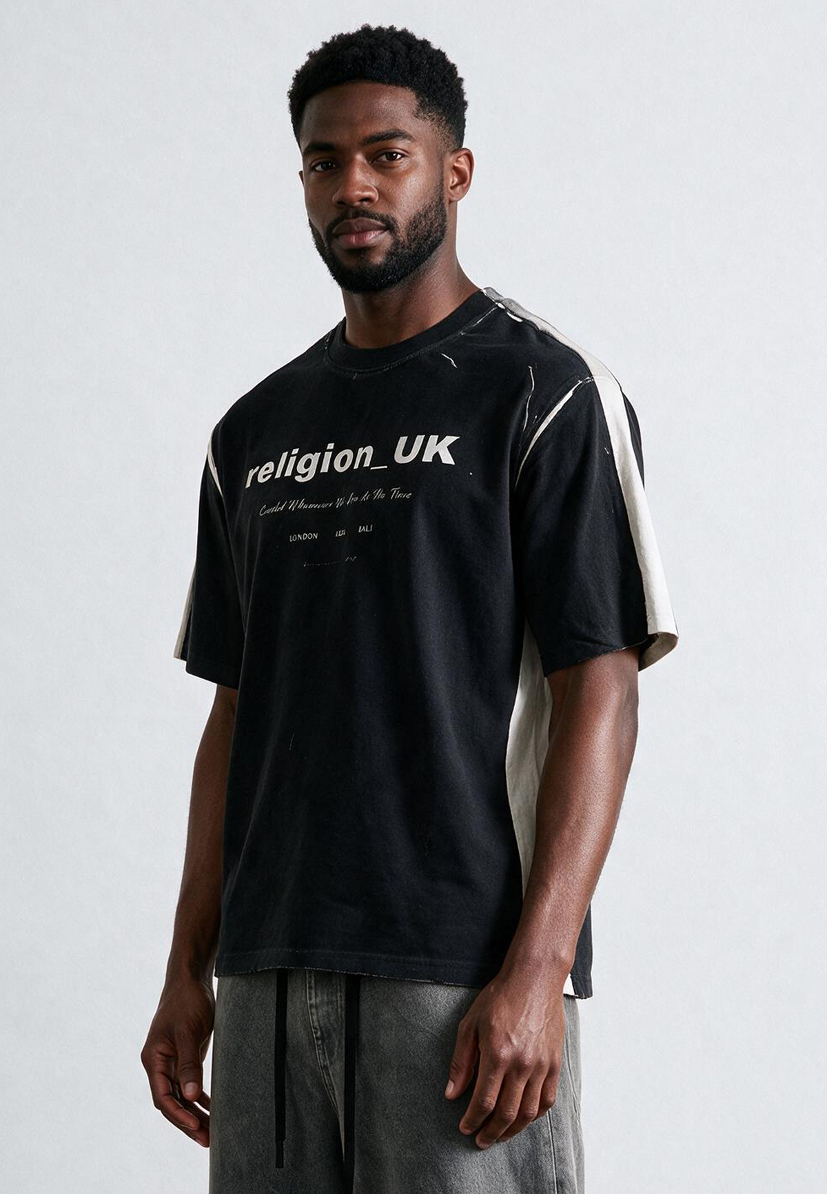BLOCK PRINT T-SHIRT WASHED BLACK & OFF WHITE