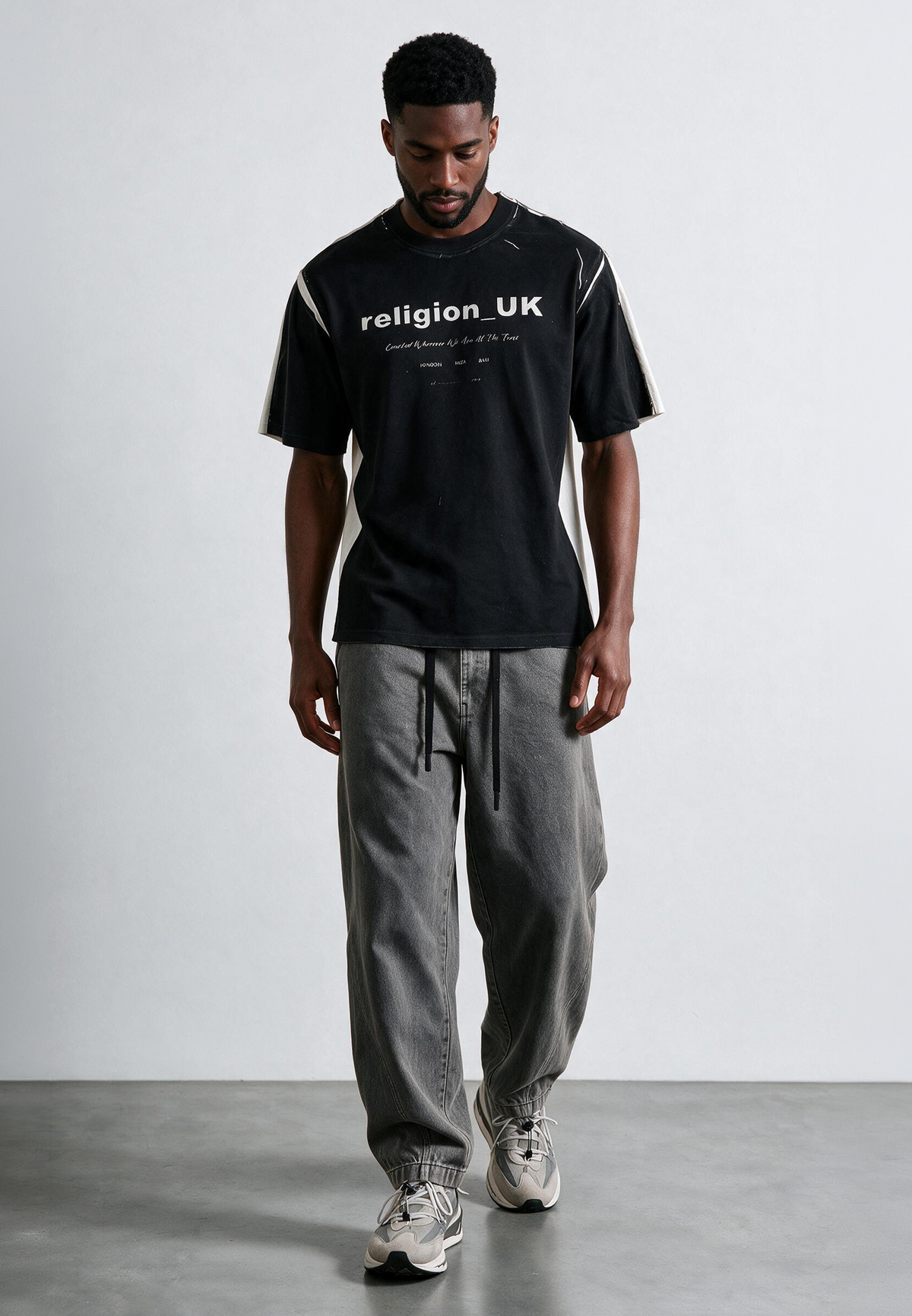 BLOCK PRINT T-SHIRT WASHED BLACK & OFF WHITE