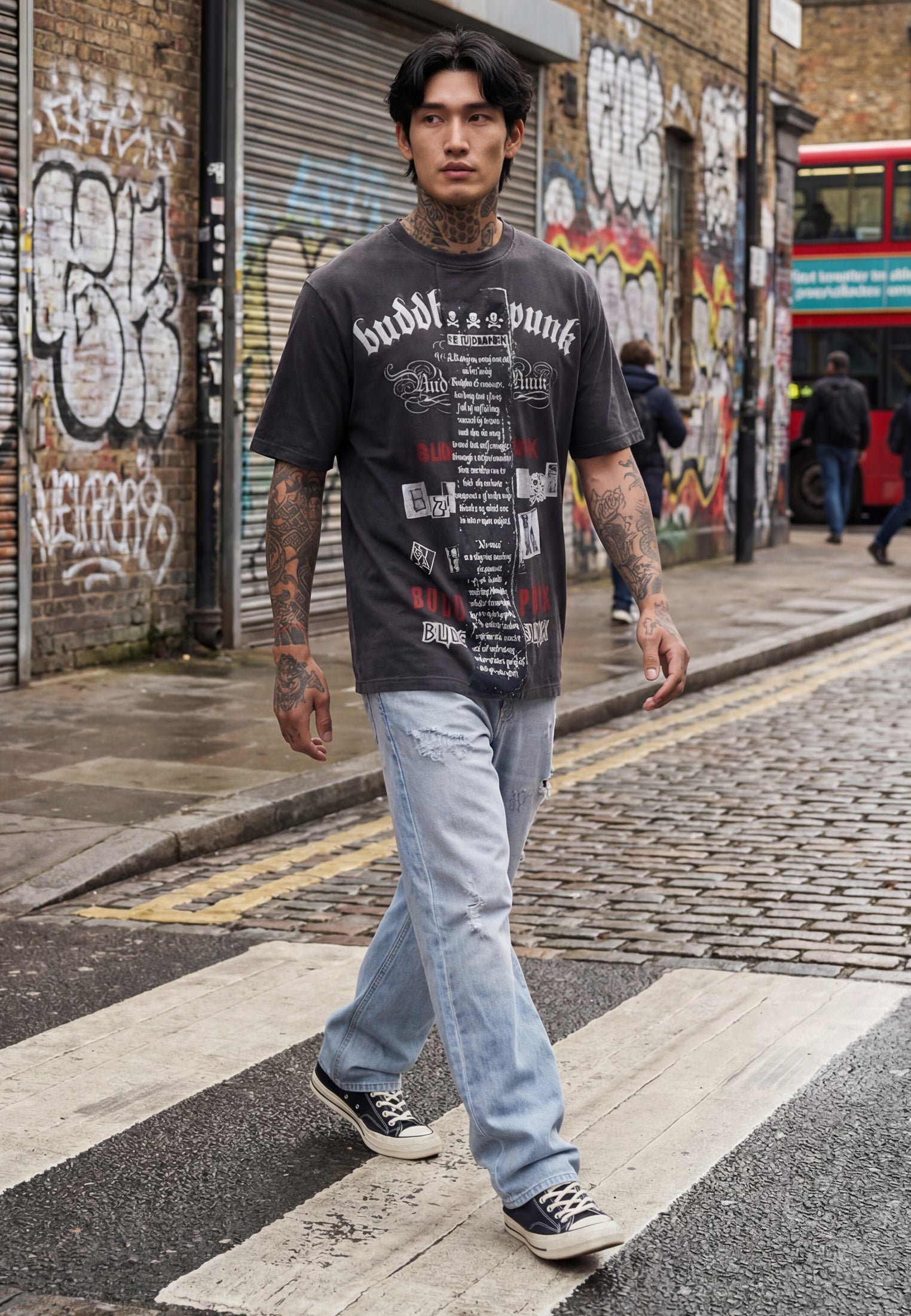 PRINTED PANEL CUT THROUGH T-SHIRT VINTAGE BLACK