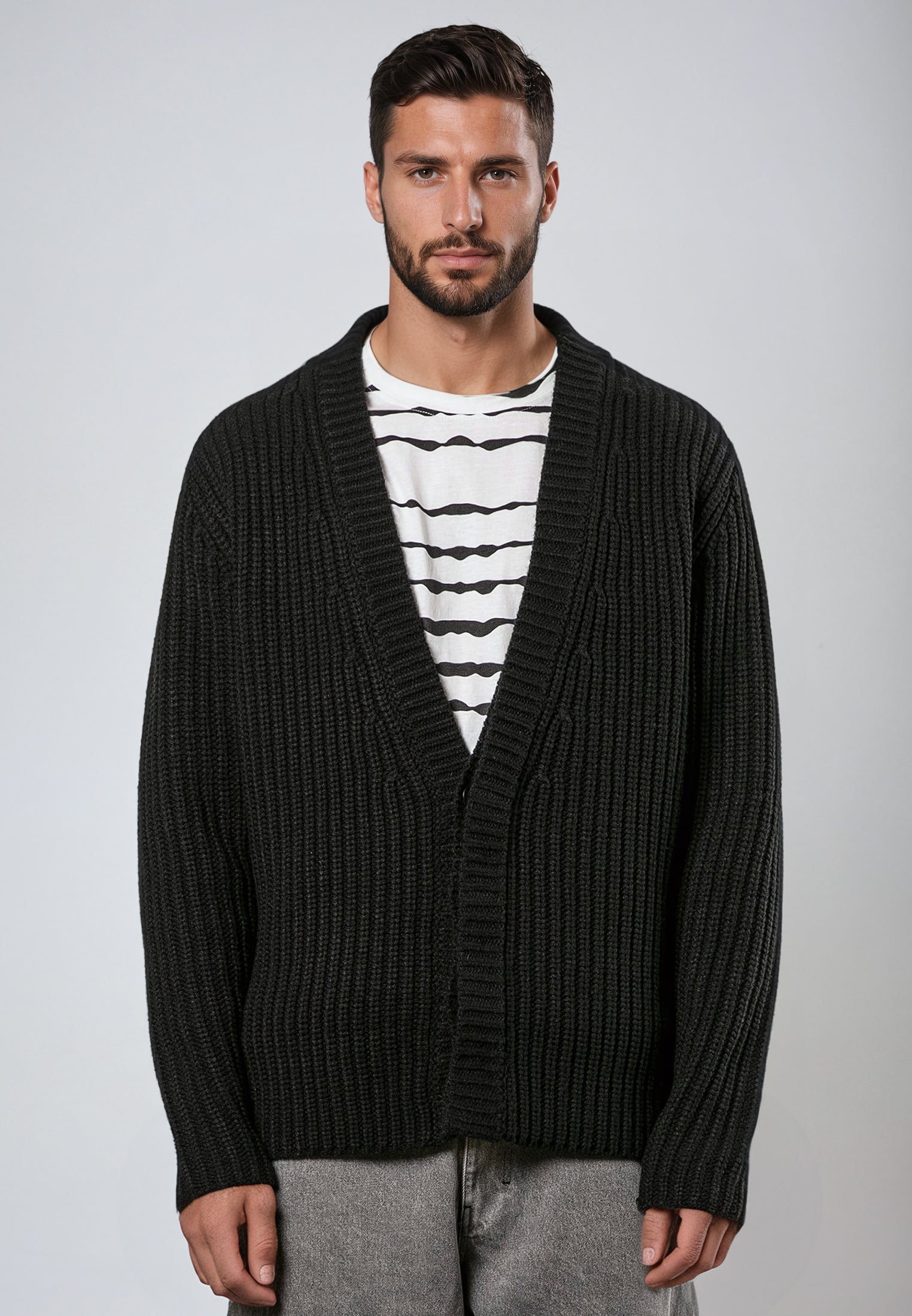 RELIGION Button Black Chunky Knit Cardigan