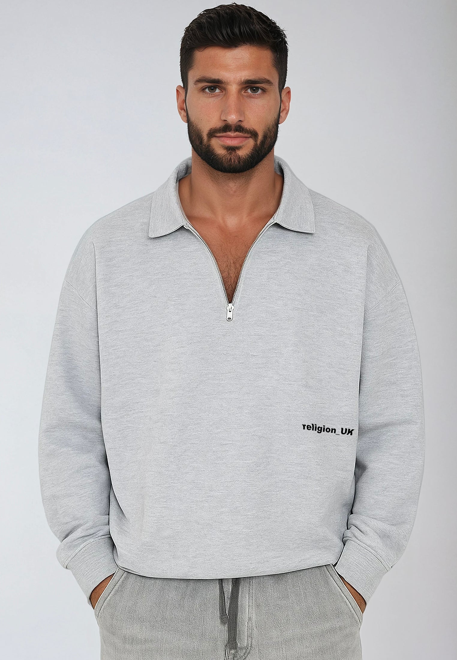 RELIGION UK CROPPED ZIP SWEATSHIRT GREY MARL