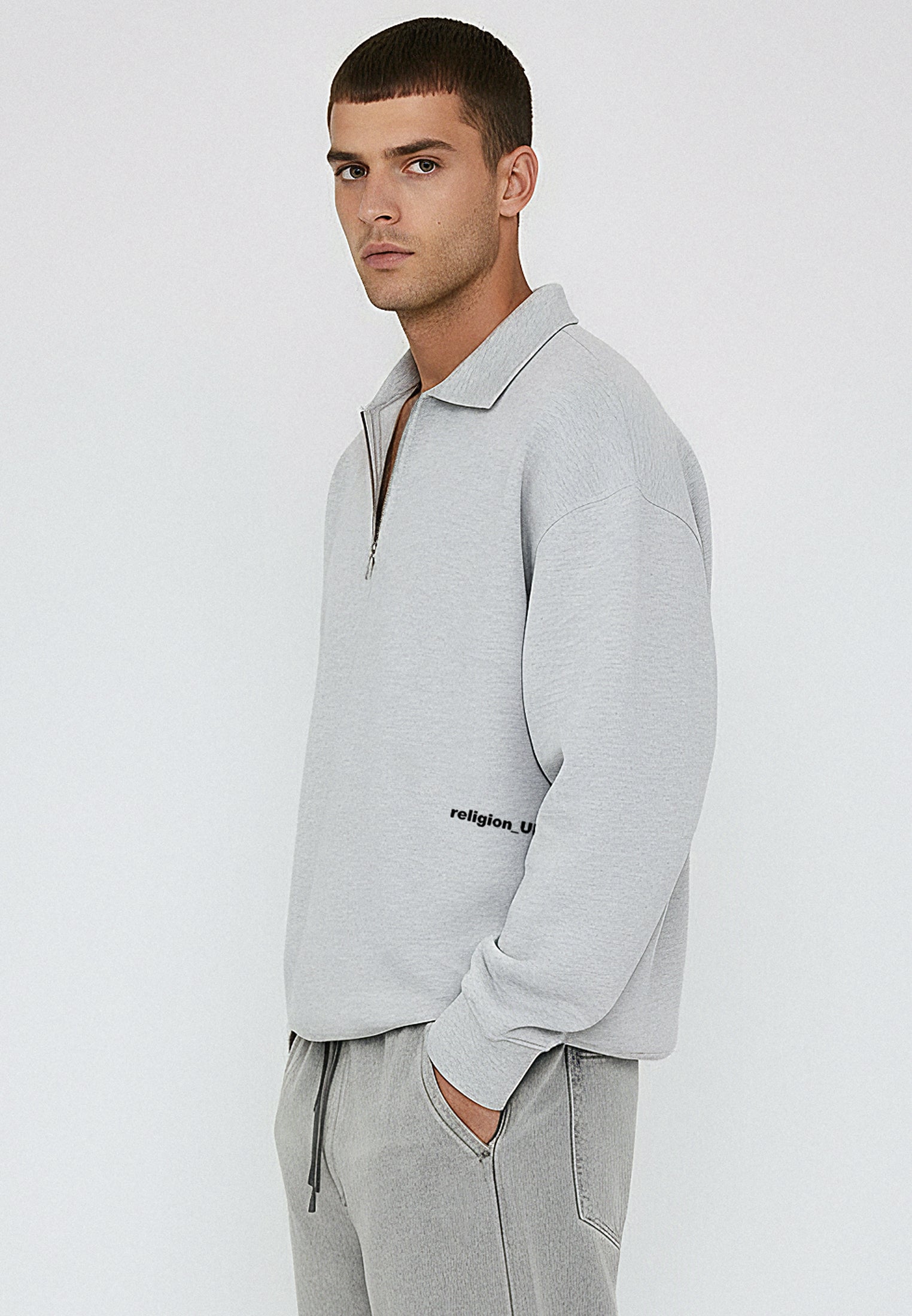 RELIGION UK CROPPED ZIP SWEATSHIRT GREY MARL