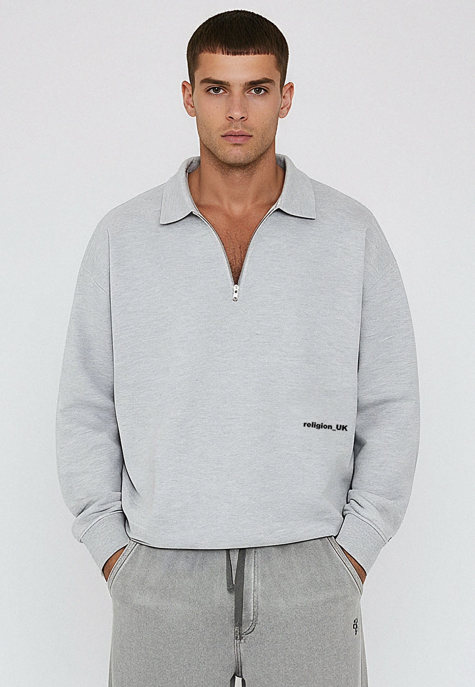 RELIGION UK CROPPED ZIP SWEATSHIRT GREY MARL