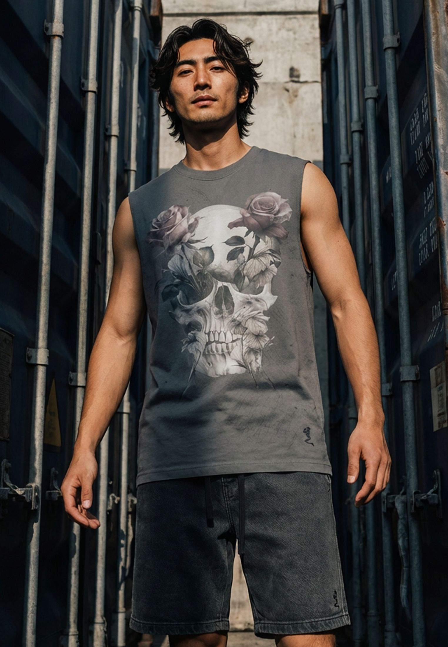 SKULL CROSS ROSE SLEEVELESS T-SHIRT WASHED BLACK