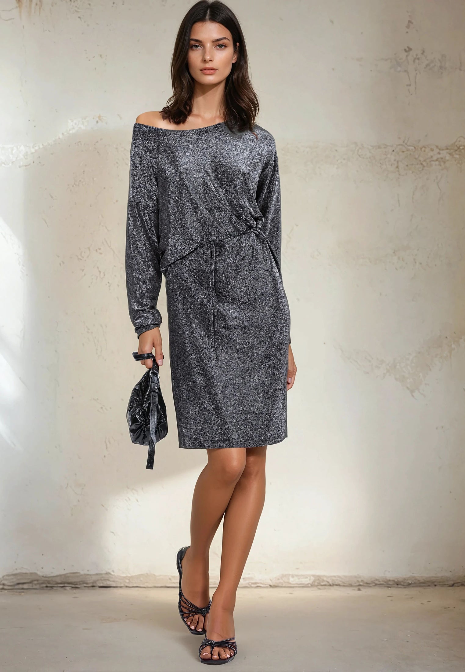 shimmer grey dress Palmer Silver Glitter Drop Waist Maxi Dress XL / 10-12