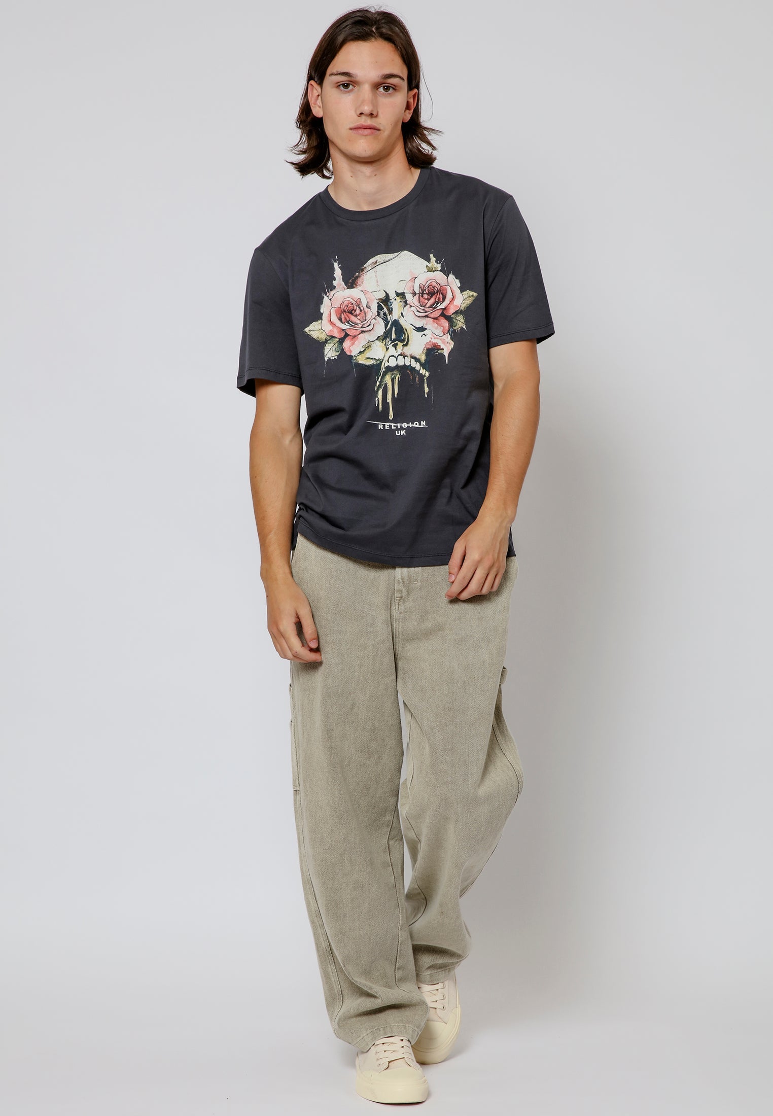 ROSES SKULL T-SHIRT WASHED BLACK