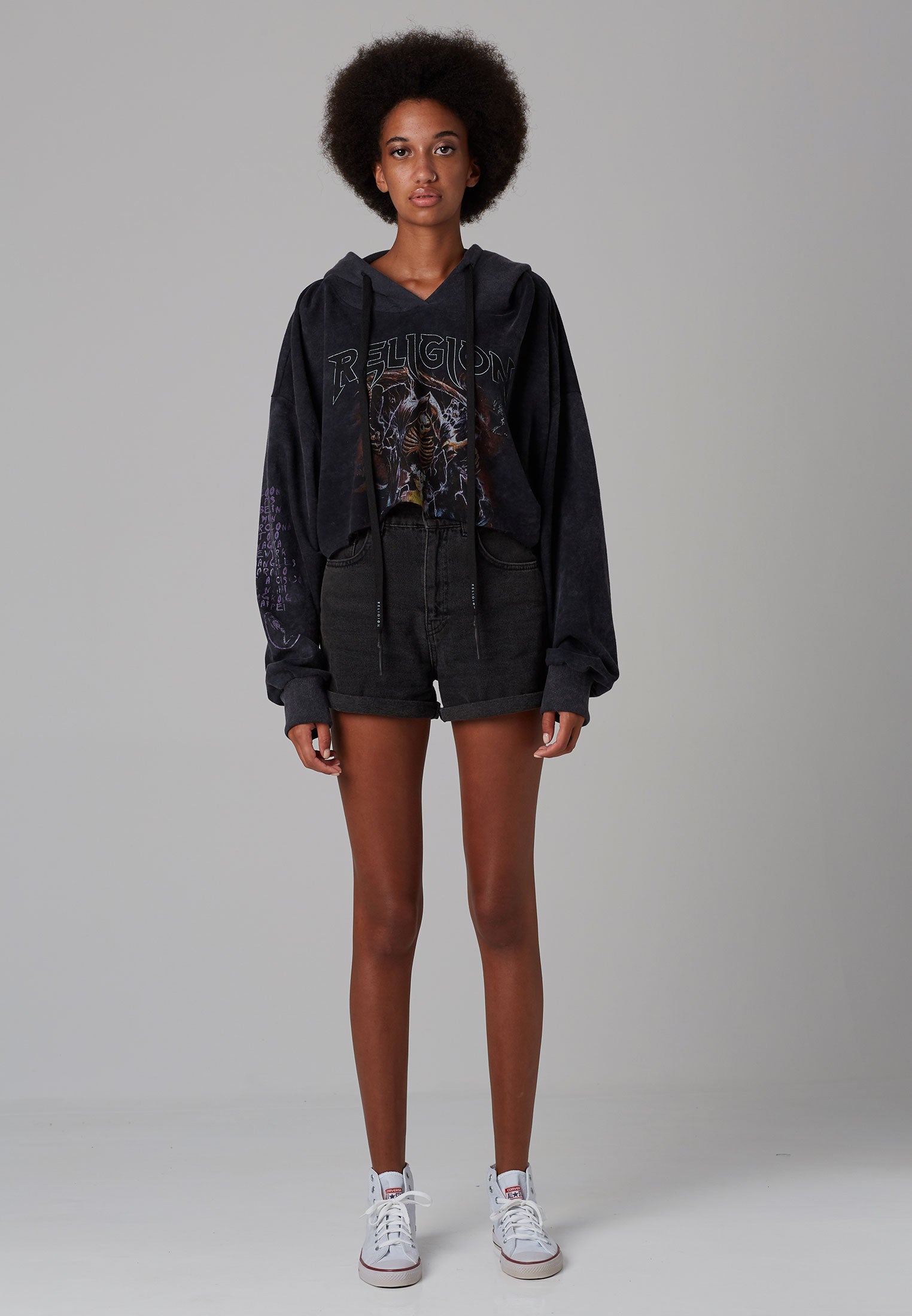 RELIGION ARMY CROP HOODIE VINTAGE BLACK