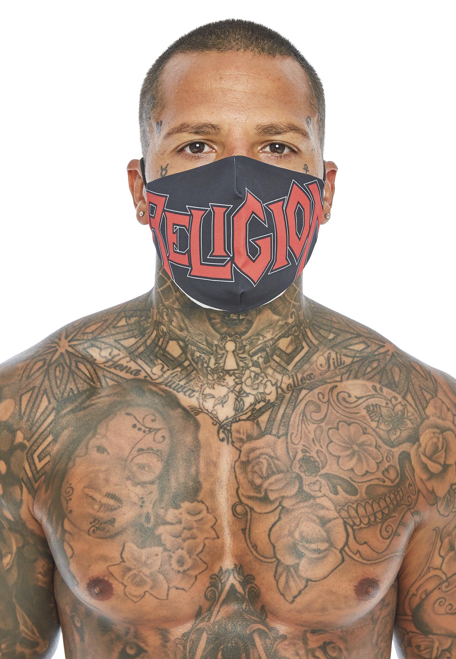 RELIGION Face Mask Black & Red Print