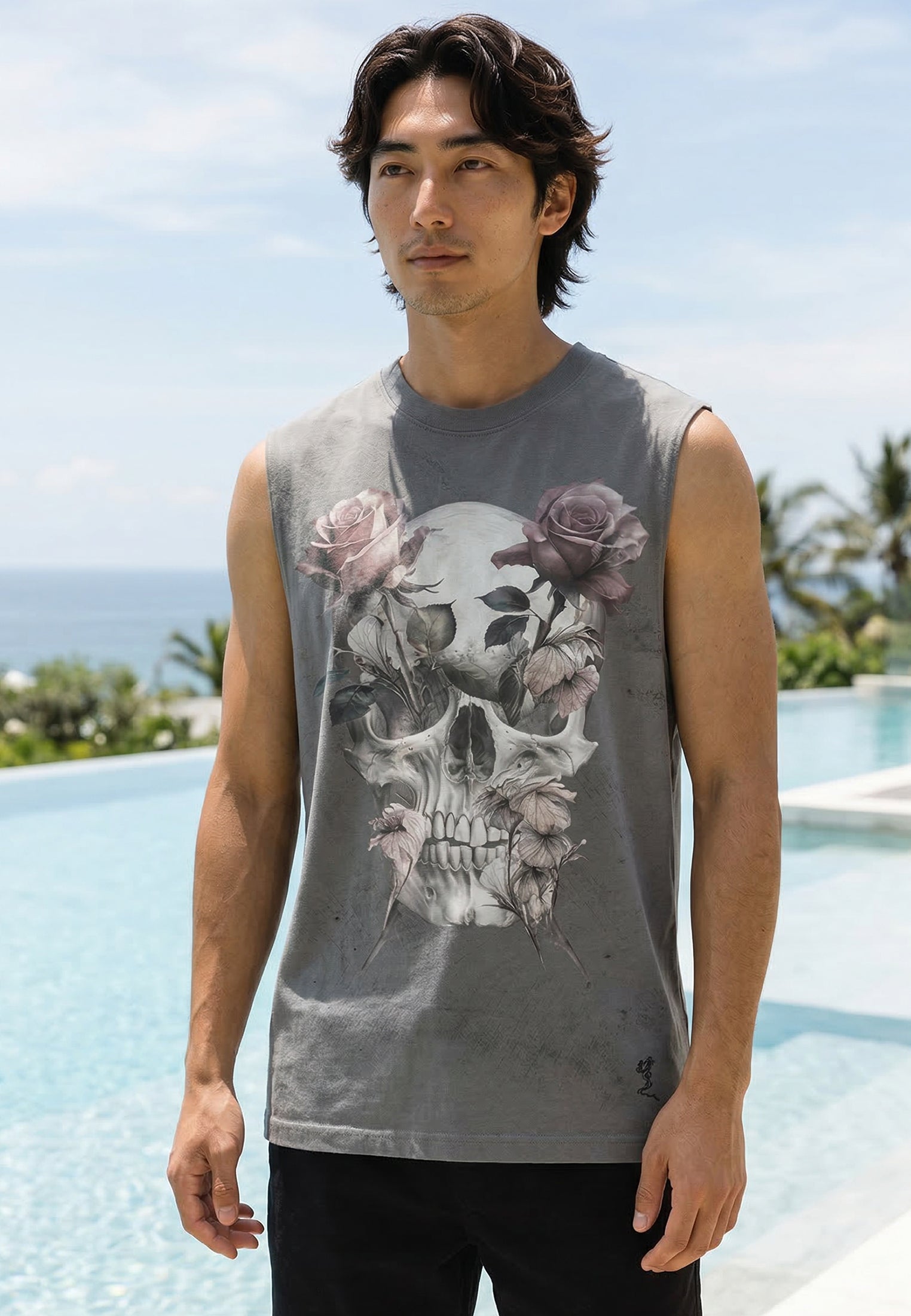 SKULL CROSS ROSE SLEEVELESS T-SHIRT WASHED BLACK