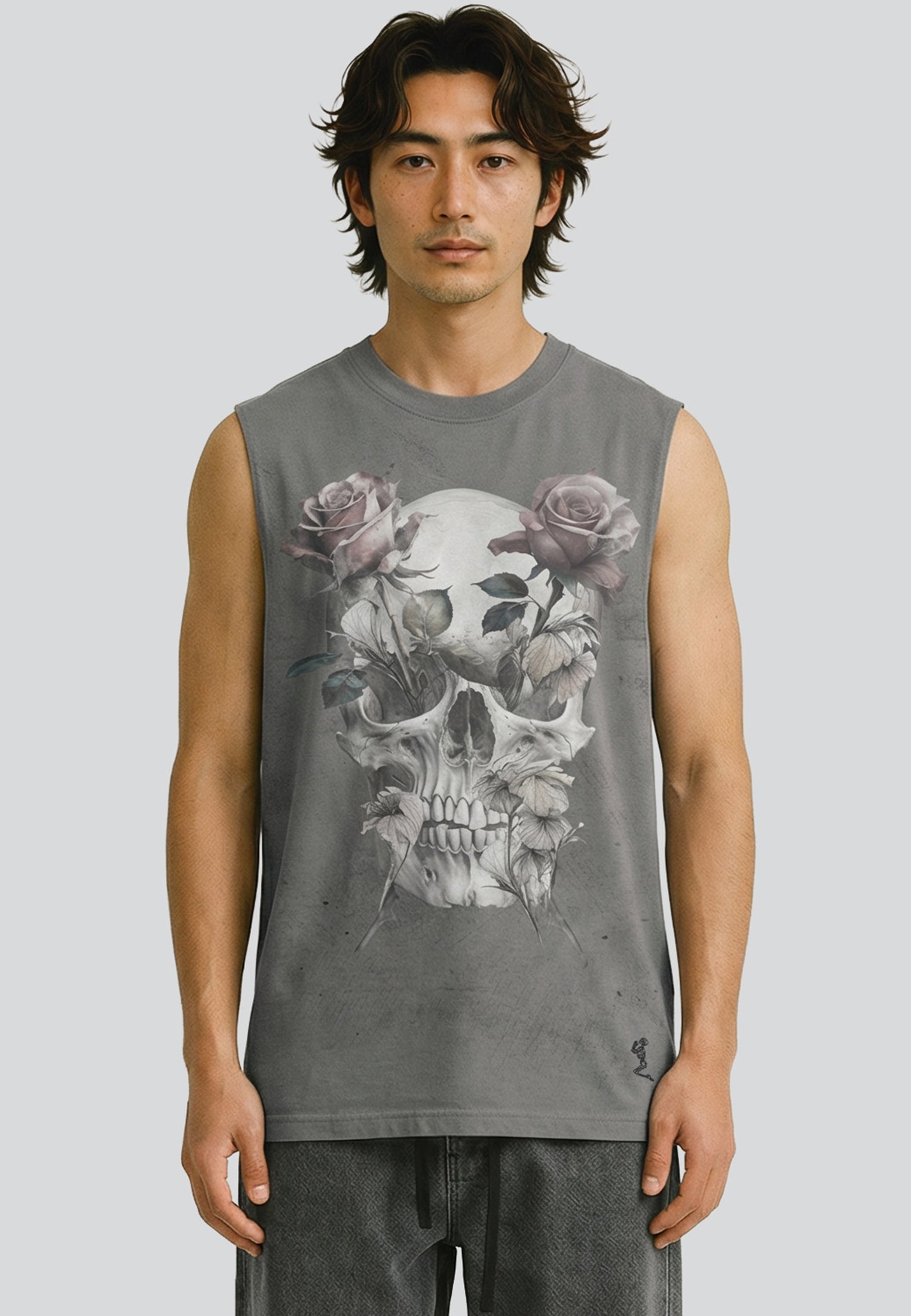 SKULL CROSS ROSE SLEEVELESS T-SHIRT WASHED BLACK