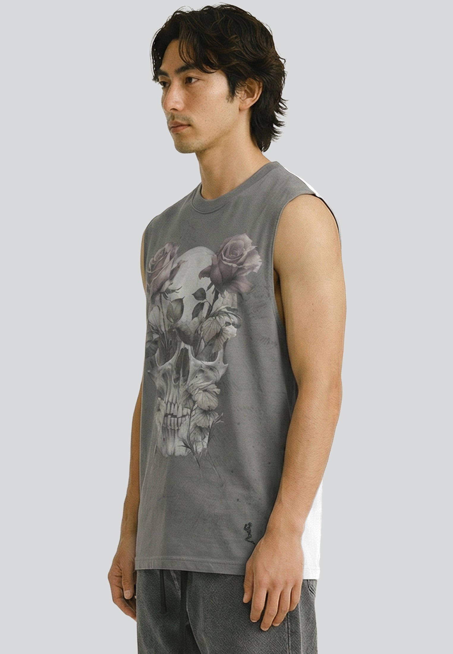 SKULL CROSS ROSE SLEEVELESS T-SHIRT WASHED BLACK