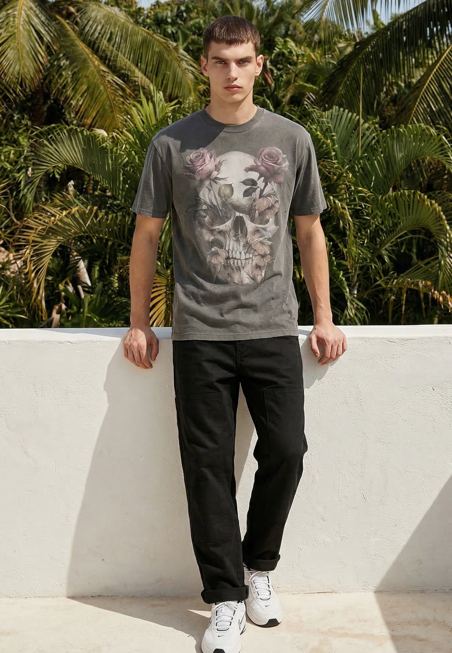 SKULL CROSS ROSE T-SHIRT WASHED BLACK