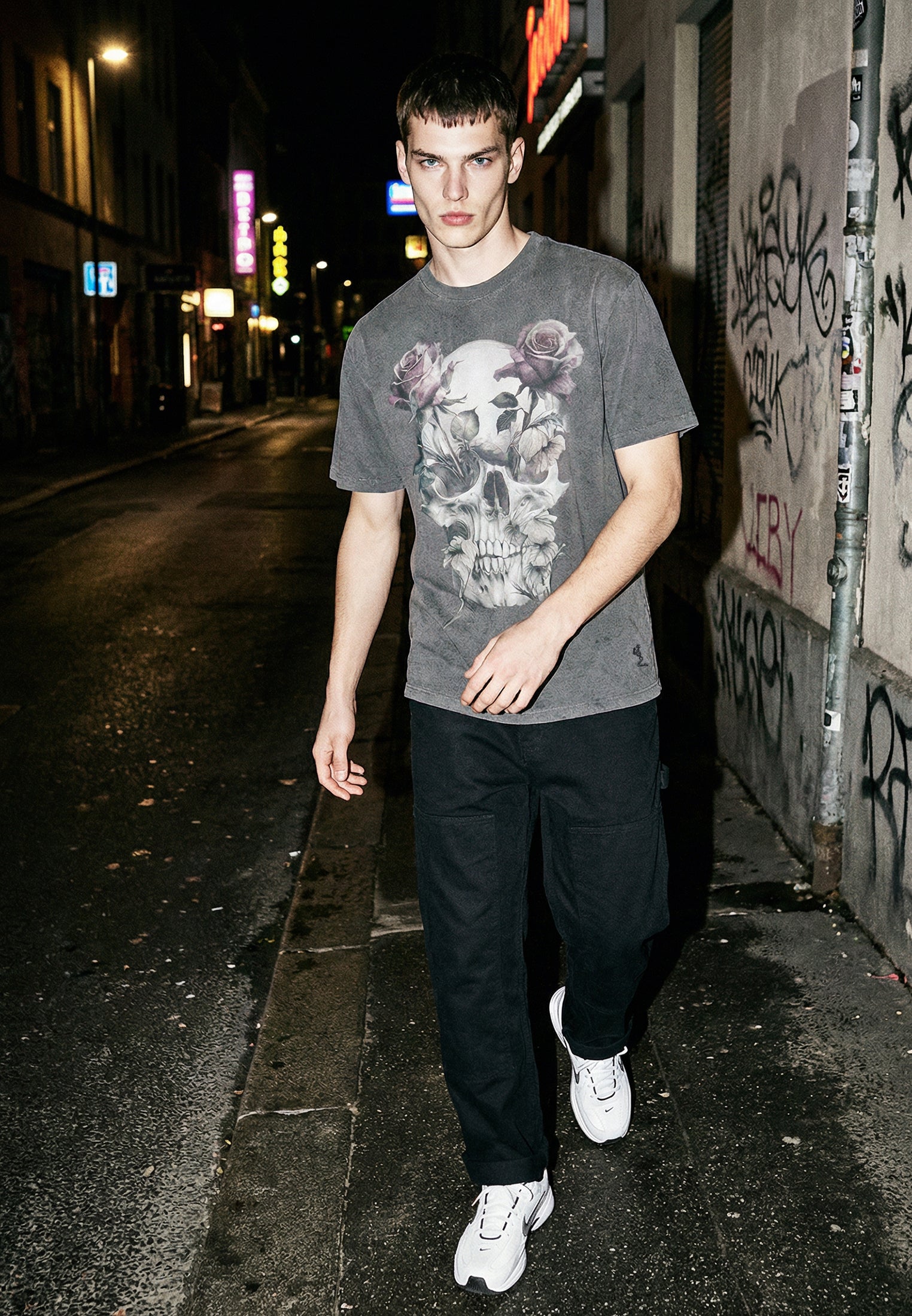 SKULL CROSS ROSE T-SHIRT WASHED BLACK