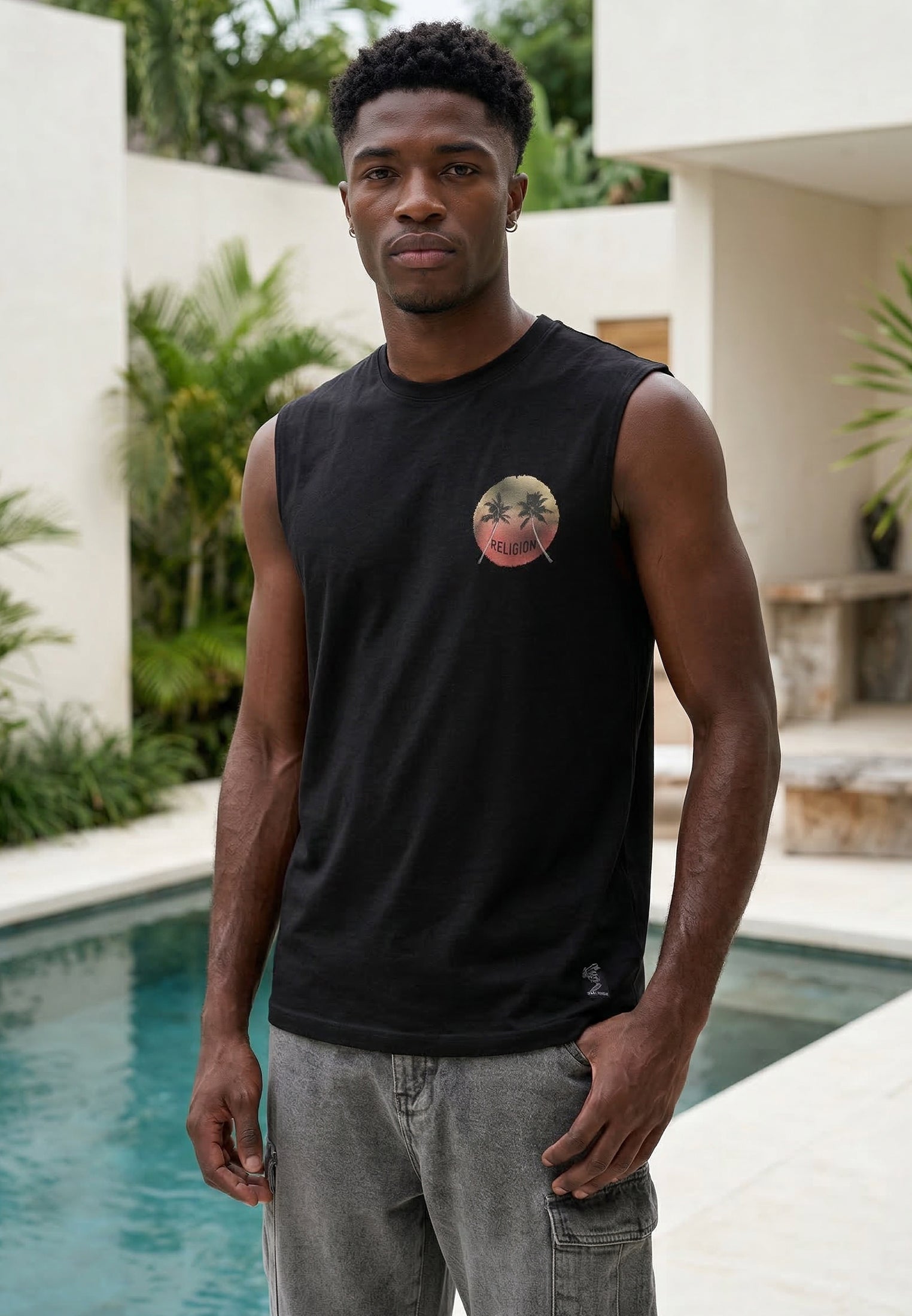 RELIGION Sunset Black Graphic Sleeveless T-Shirt