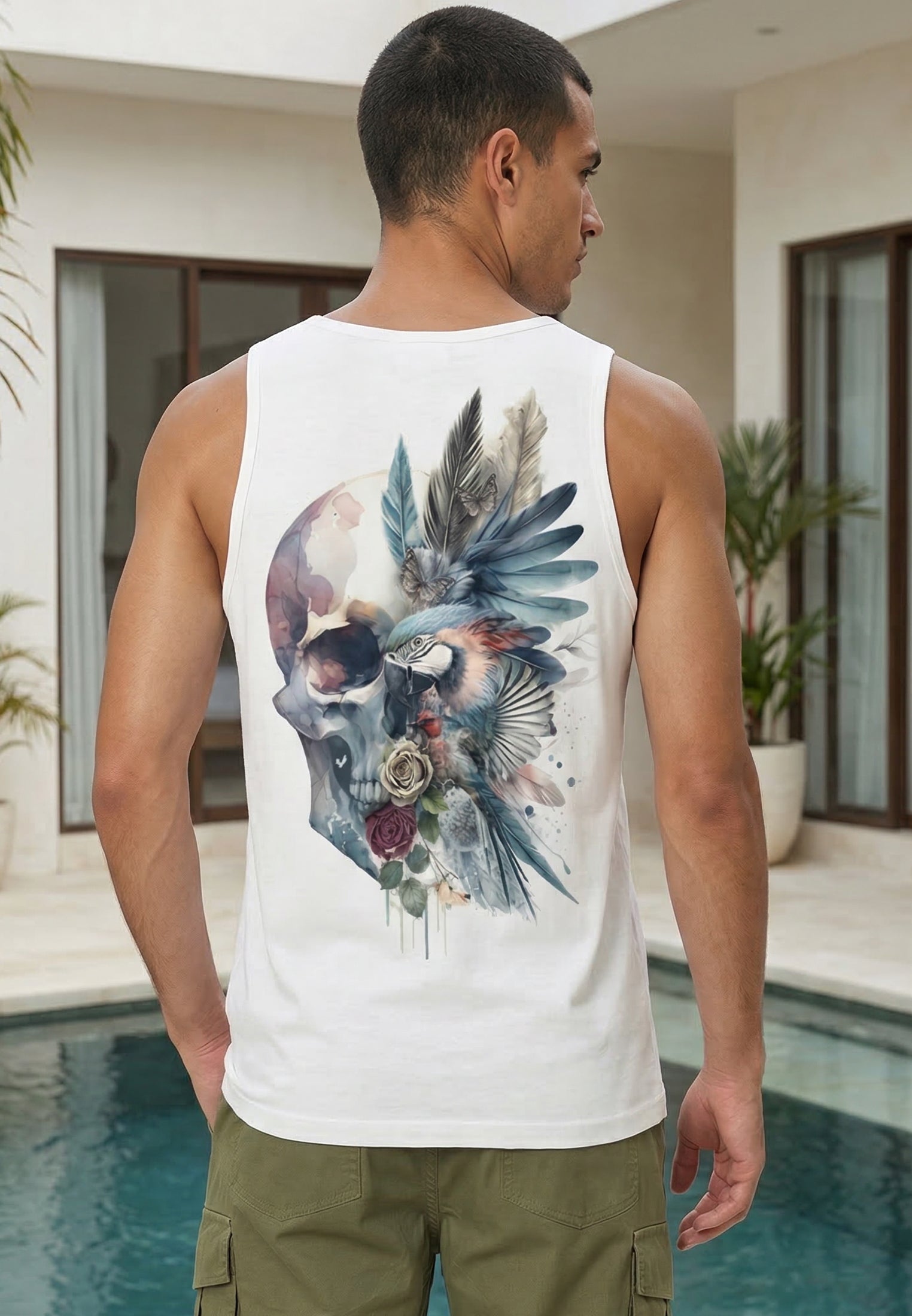 WATER COLOUR SKULL VEST WHITE