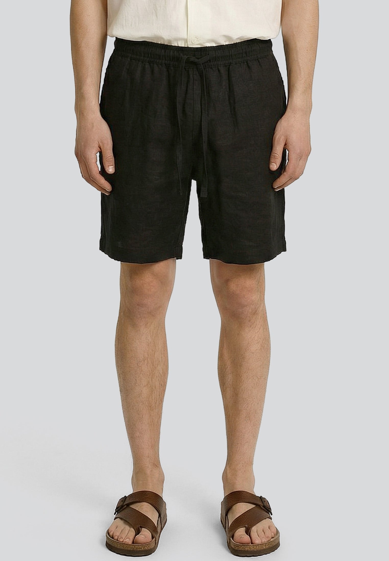 LINEN ELASTICATED CHINO SHORTS BLACK